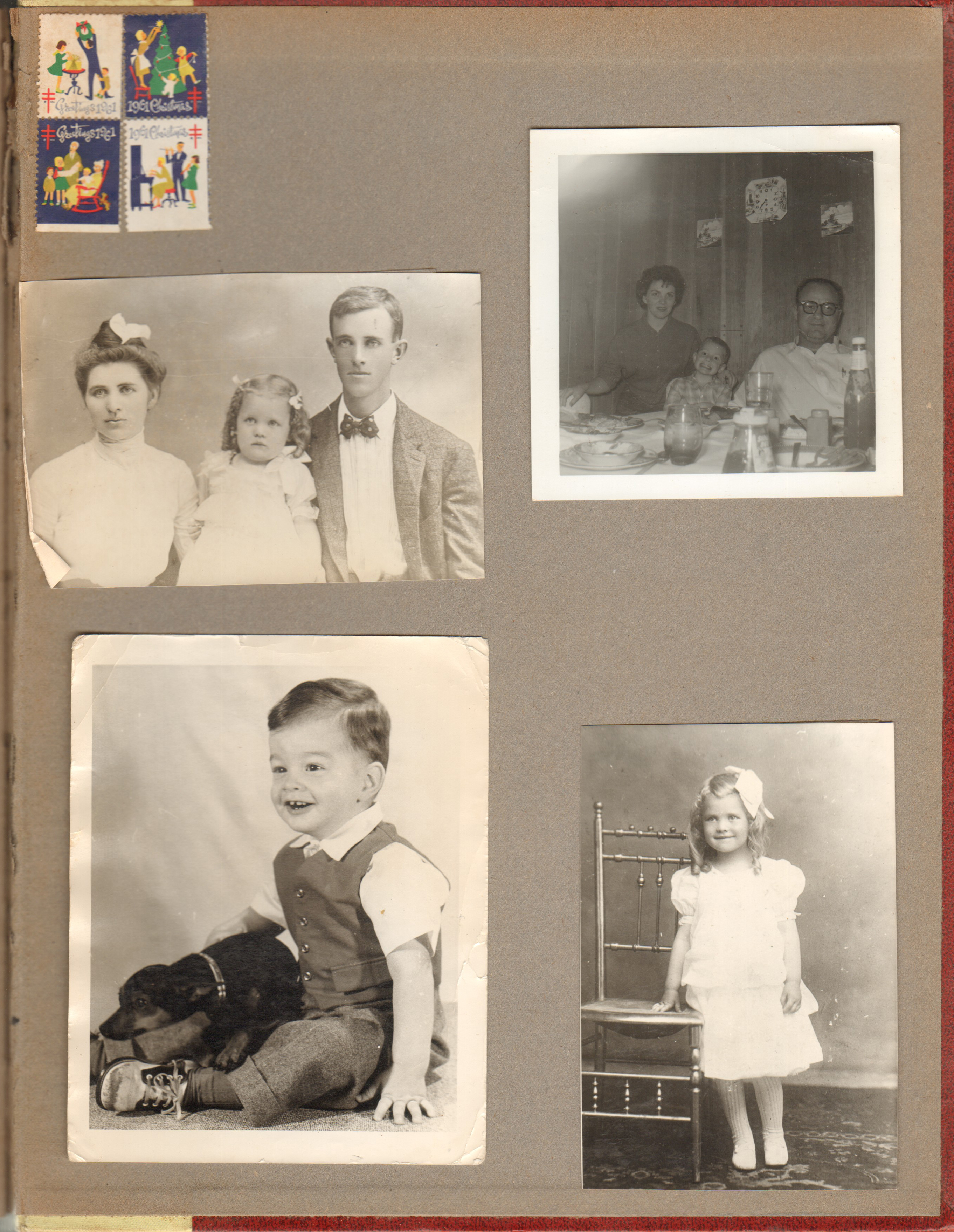 Christmas Seals 1961. Very old picture of Nora, Helen and John Dawson - maybe 1901. People at table unknown. Alan and Princess. Probably Helen Dawson at 2 years old.