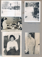 6122 covered in snow. Susan in snow. Susan and Alan at small table. Susan knitting maybe. Rosemary maybe at Susan's bedroom door. Star and Yogi Bear on door.