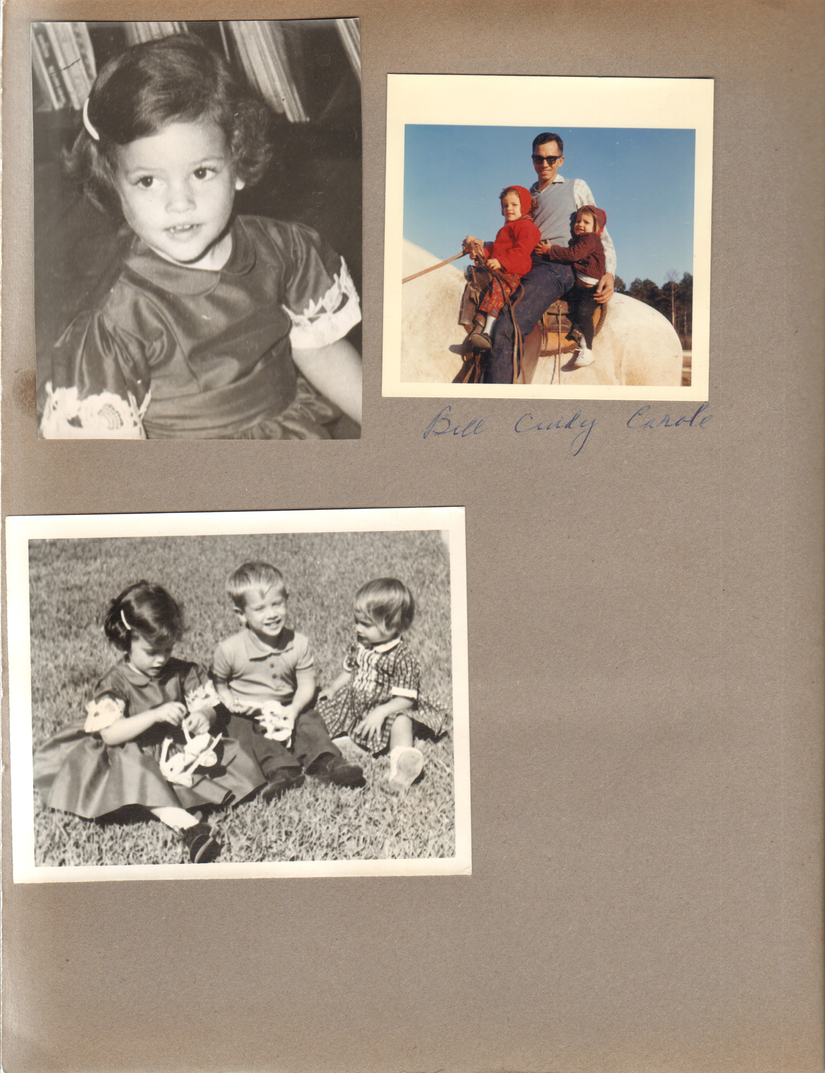 Cindy. Cindy, ???, Carole. Bill, Cindy and Carole on a horse.