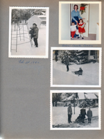 Feb 24 1962 Rosemary and Alan in backyard snow. Helen, Carole and Cindy, Rosemary pulling sled with Alan 6122. Rosemary, Alan on sled, Susan and ???? on sidewalk in front of 6122 Carrollton in snow.