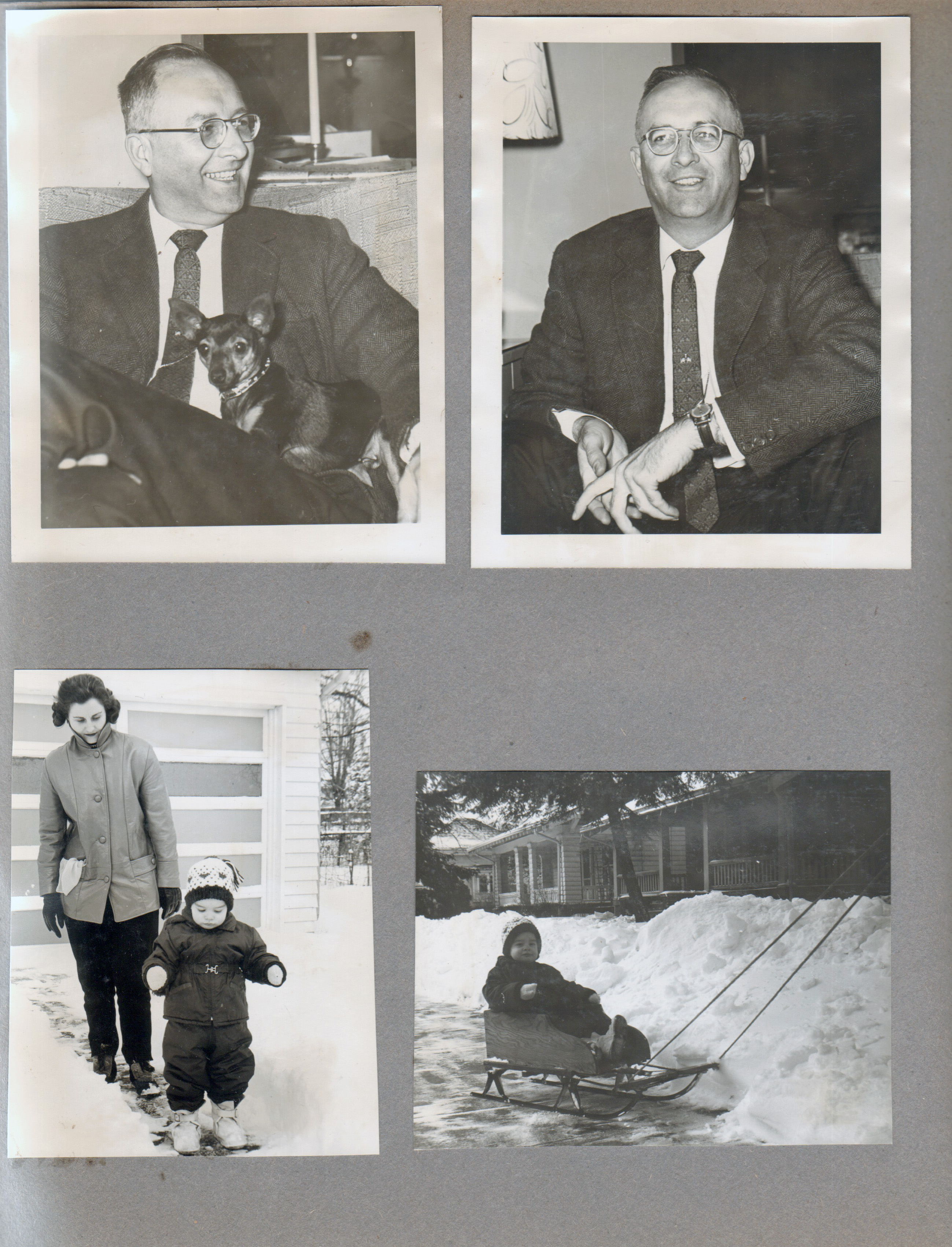 Warren and Princess. Rosemary and Alan by garage in snow. Alan in sled on Carrollton sidewalk