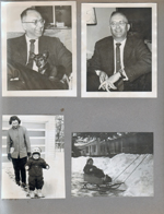 Warren and Princess. Rosemary and Alan by garage in snow. Alan in sled on Carrollton sidewalk