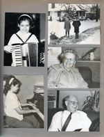 Susan playing accordion and piano. Alan on sled, Susan and ???? on sidewalk in front of 6122 Carrollton in snow. Vonnie in living room - Humpty Dumpty planter on floor speaker. Curt laughing like I have never seen!