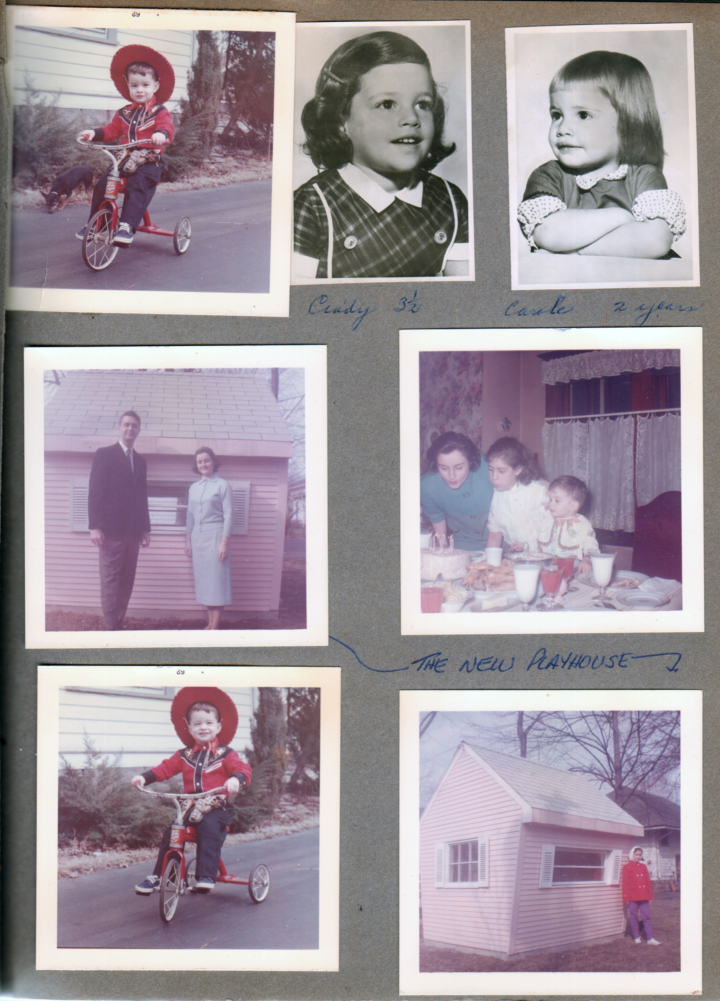 Cowboy Alan on trike. Cindy and Carole Morgan. John and Rosemary with new pink playhouse. Rosemary, Susan and Alan at 3845.