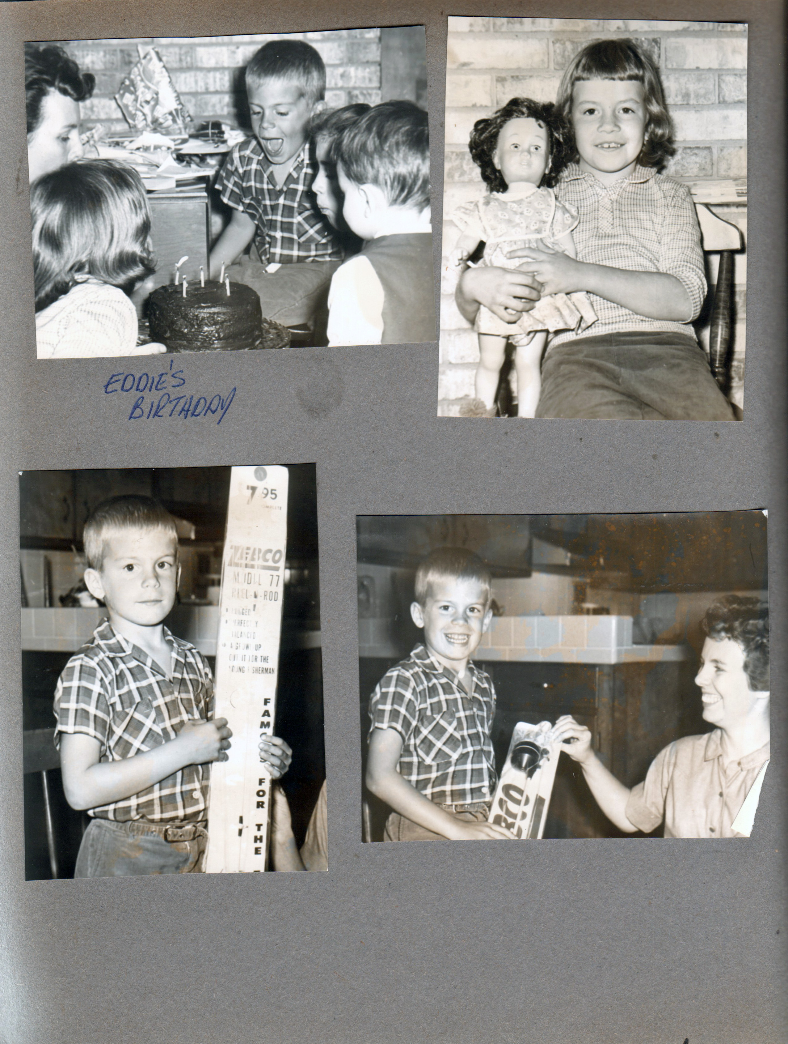 Eddie Hague's birthday. Karen and doll. Eddie with Zebco fishing rod. Eddie and Patty.