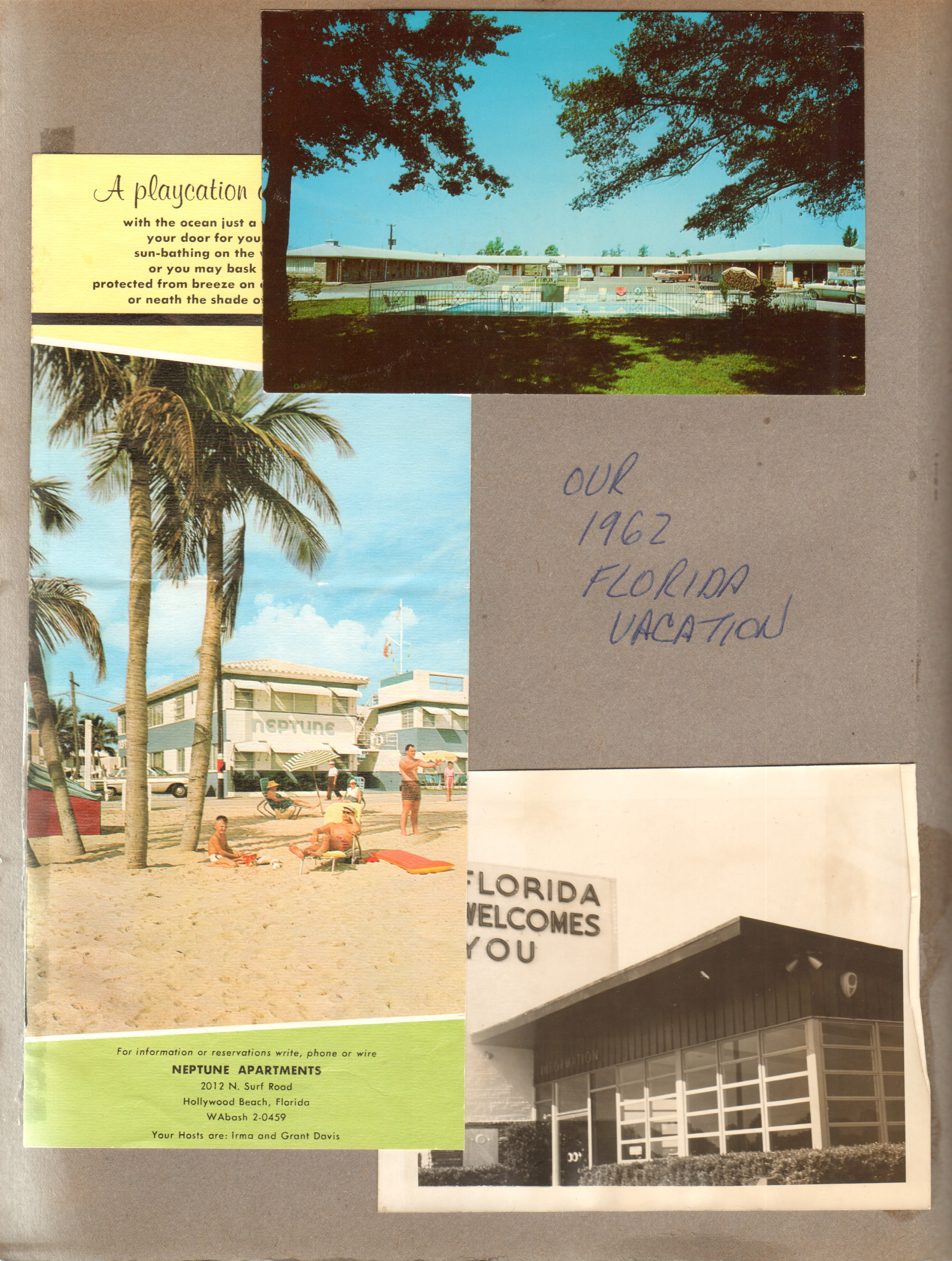 Our 1962 Florida Vacation - Neptune Apartments brochure. Florida Welcome Station. Postcard - Nite Fall Motel, So. Decatur, Alabama
