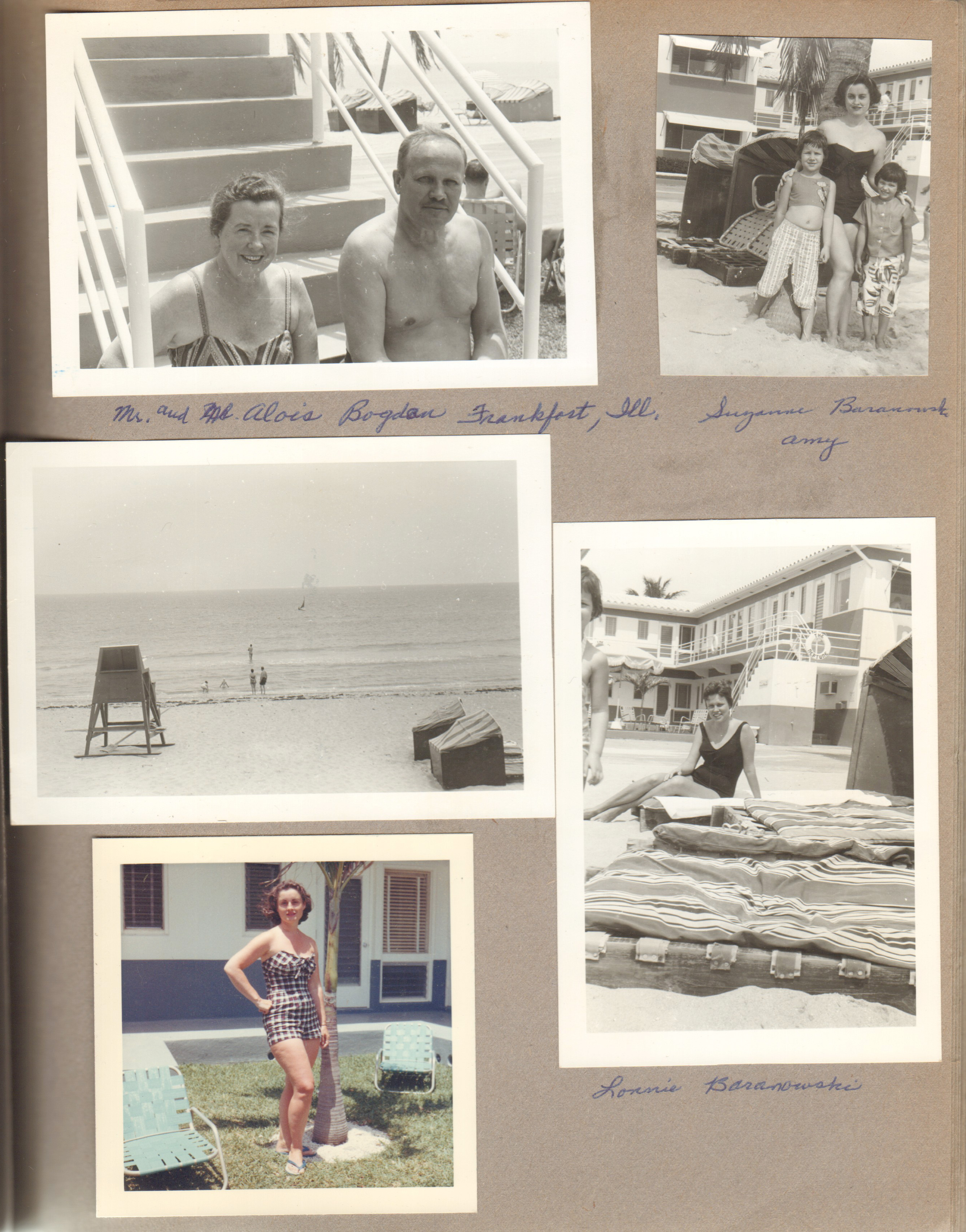 Hollywood Beach Neptune Apartments - Mr & Mrs Alois Bogdan of Frankfort, Ill. Suzanne Barabouski, Amy and Rosemary on beach. Lifeguard chair on beach. Rosemary posing at Neptune.