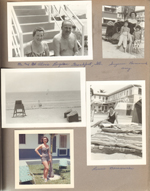 Hollywood Beach Neptune Apartments - Mr & Mrs Alois Bogdan of Frankfort, Ill. Suzanne Barabouski, Amy and Rosemary on beach. Lifeguard chair on beach. Rosemary posing at Neptune.