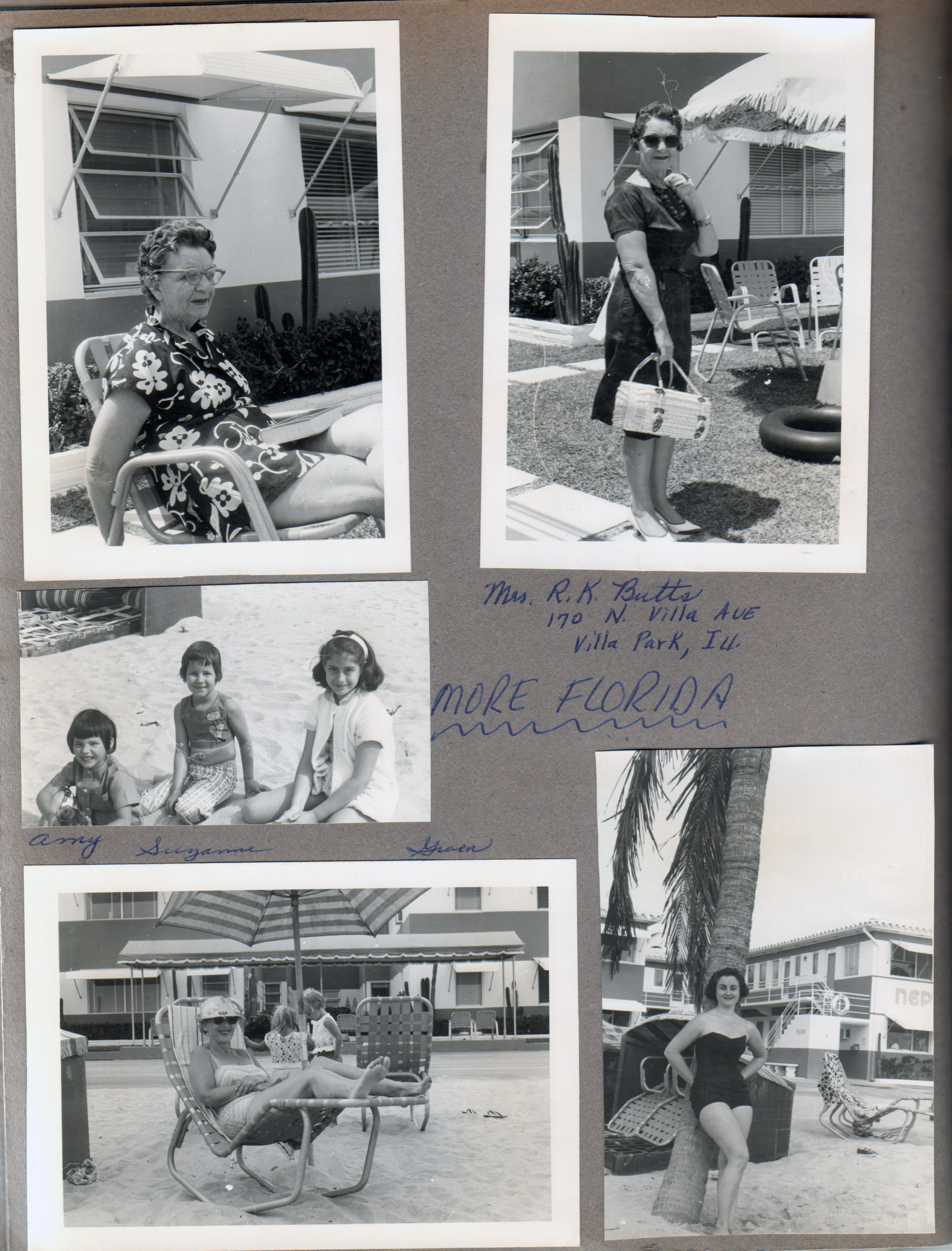 Hollywood Beach Neptune Apartments - Mrs RK Butts of Villa Park, Ill. Am, Suzanne and Susan on beach. Rosemary posing by palm tree in front of Neptune. Gwen in lounge.
