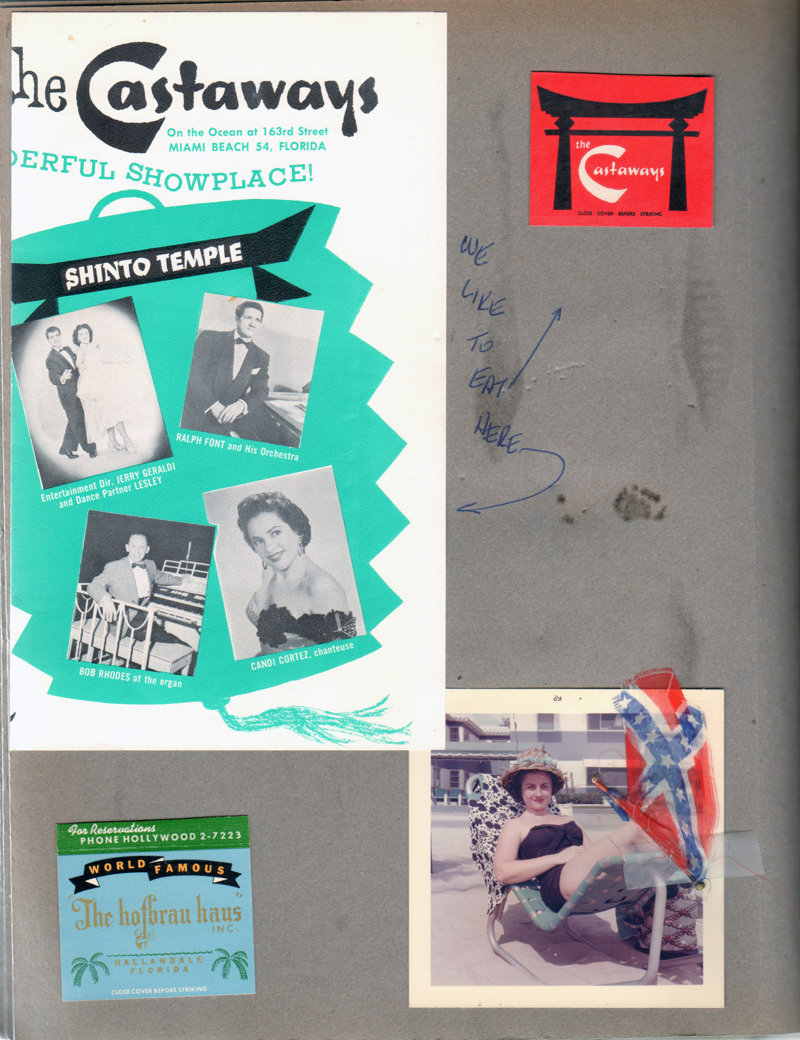The Castaways - Miami Beach - placemat and matchbook. Hofbrau Haus - Hallandale - matchbook. Rosemary in lounge on beach. Tiny confederate flag.