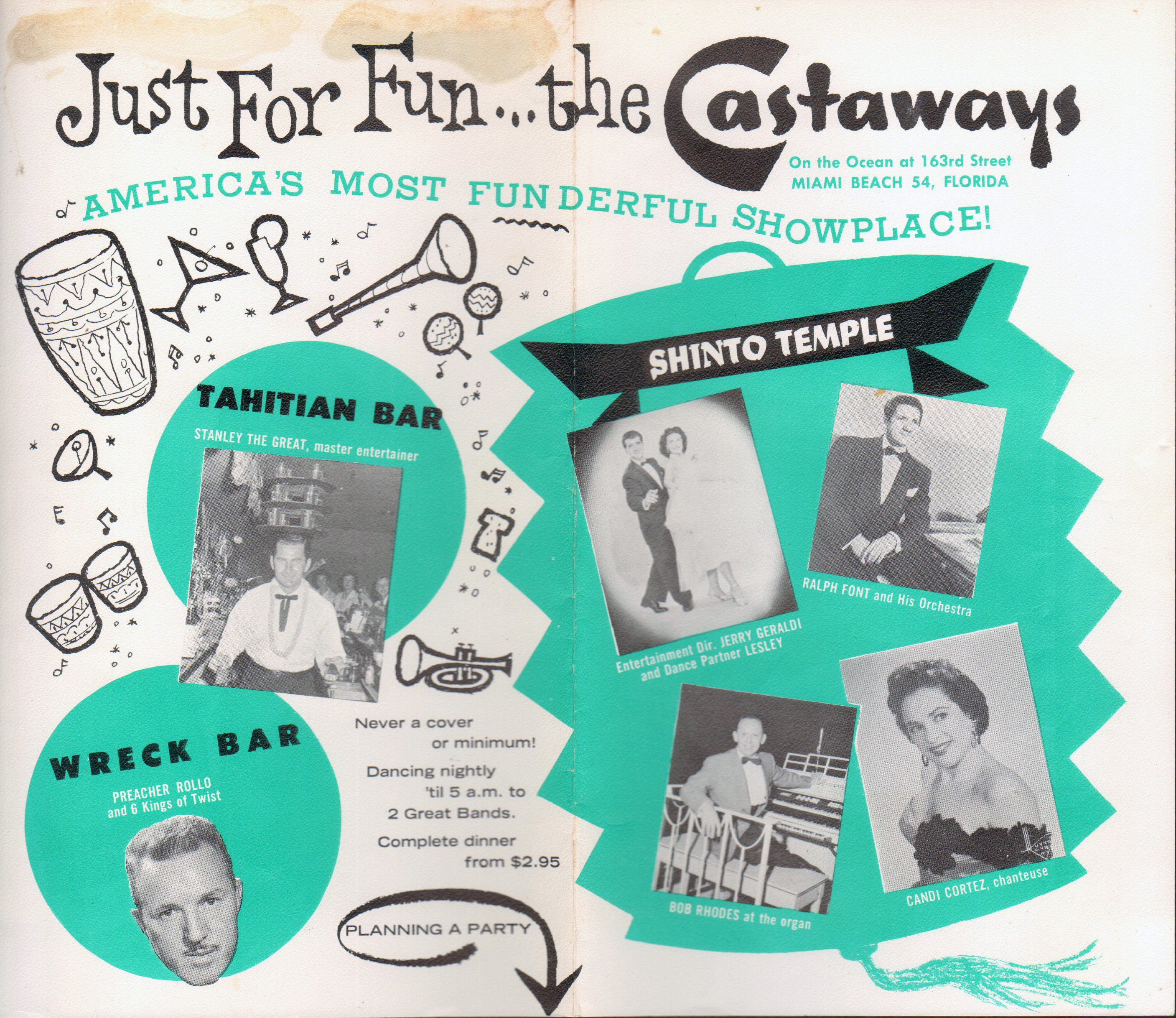 The Castaways - Miami Beach - placemat menu - Tahitian Bar, Wreck Bar, Shinto Temple.