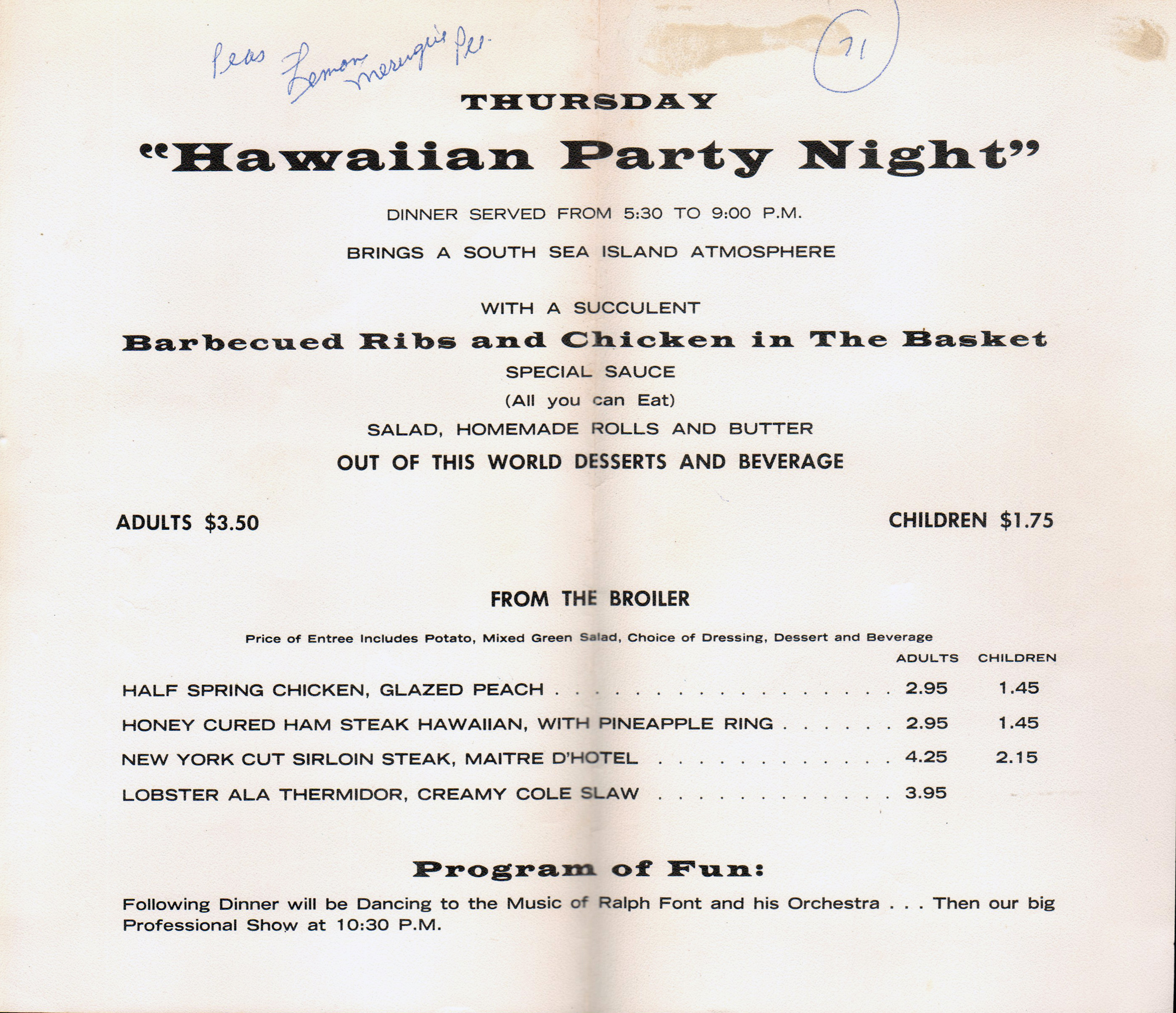 The Castaways - Miami Beach - placemat menu - Thursday Hawaiian Party Night
