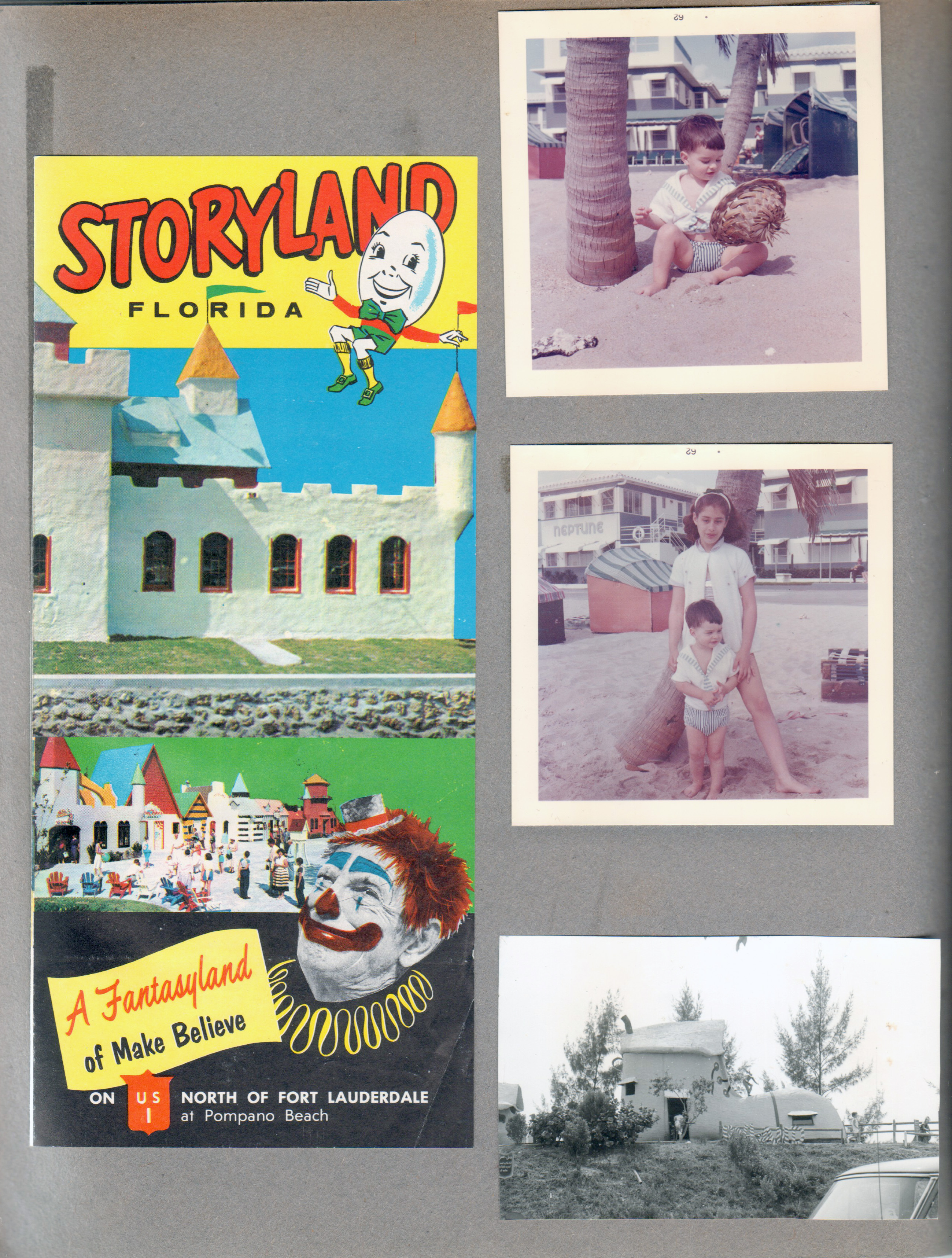 Storyland Florida - Pompano Beach - brochure. Neptune - Alan with hat on beach. Susan and Alan. Storyland The Woman in the Shoe.