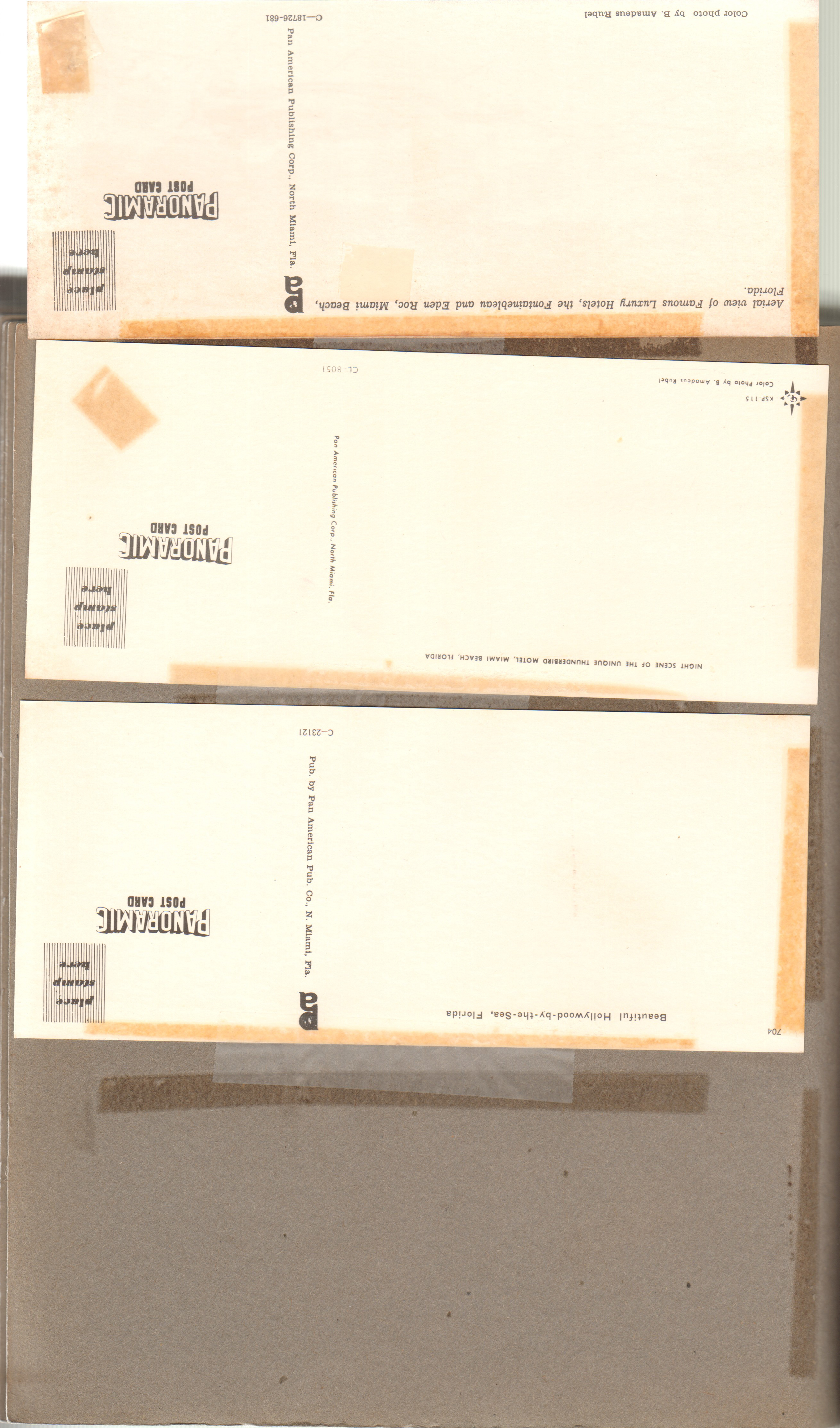 Postcards - It's great to be in Miami Beach C-18726-681- Fountainbleau and Eden Roc. Thunderbird Motel, Miami CL-8051, Greetings from Hollywood-by-the-Sea CL-23121 