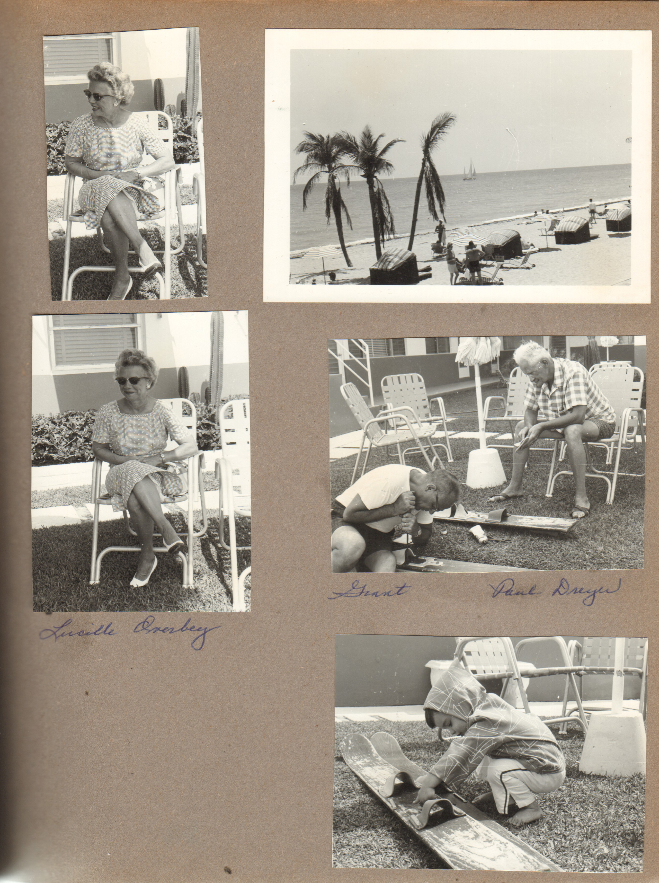 Hollywood Beach Neptune Apartments - Lucille Overbey. Sailboat in ocean. Grant Davis (Neptune owner) and Paul Dryer fixing skis. Alan with skis.