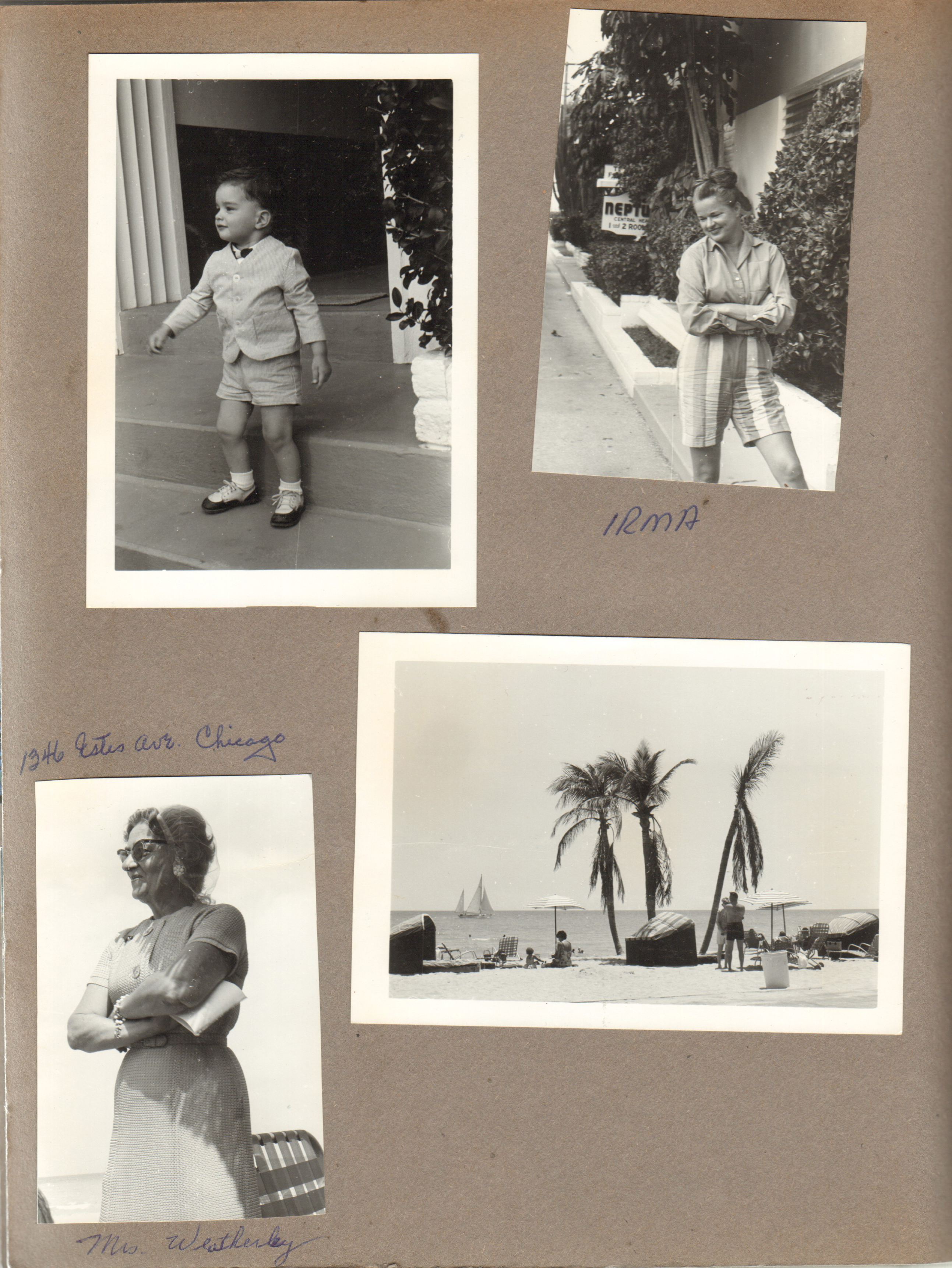 Hollywood Beach Neptune Apartments - Alan in suit on Surf Road steps. Irma Davis on Surf Road. Mrs Weatherly of Chicago, Ill.