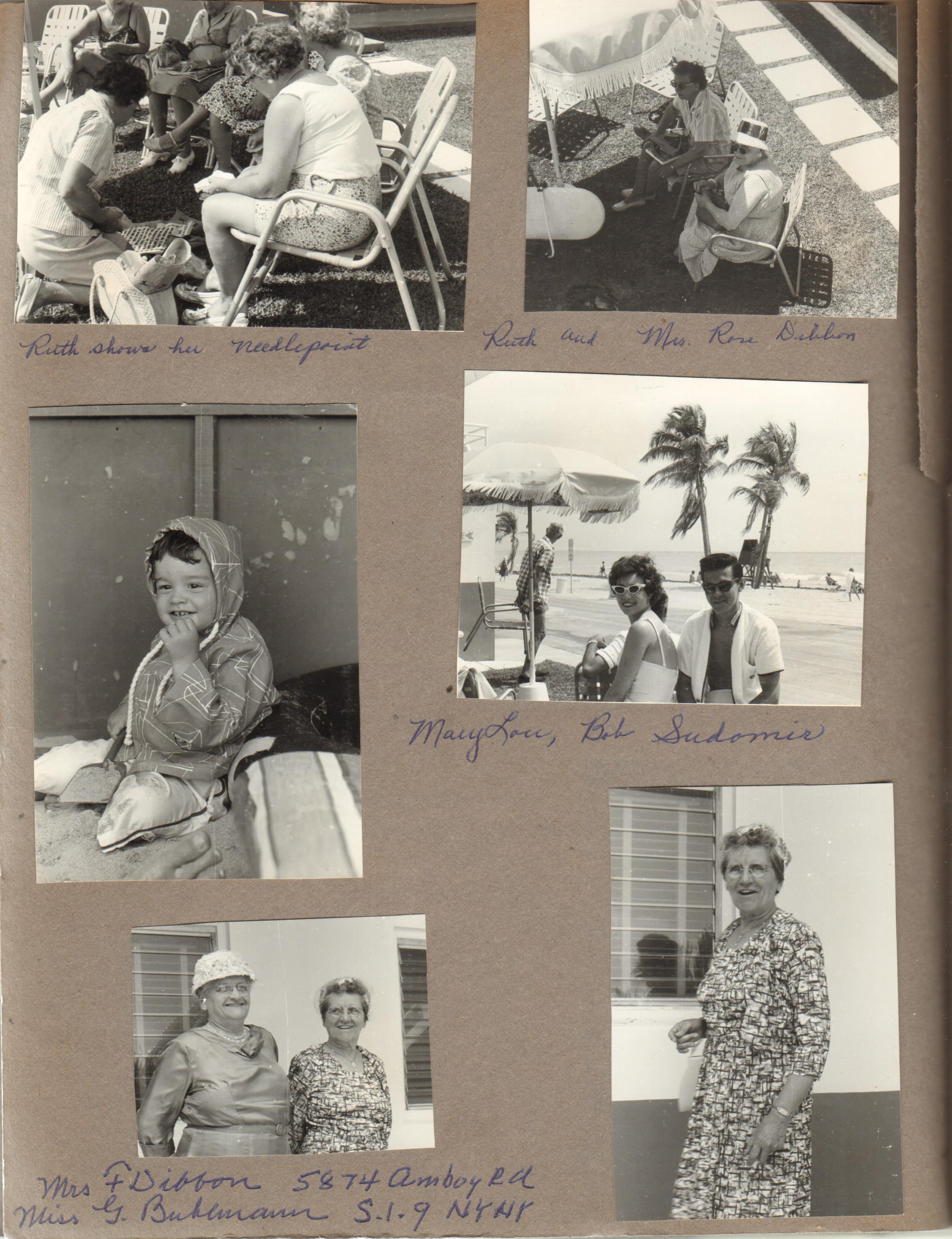 Hollywood Beach Neptune Apartments - Ruth shows her needlepoint. Ruth and Mrs Rose Dibbon. Alan in sand. Mary Lou and Bob Sudomir. Mrs Dibbon of Amboy, RI and Miss G Buhlmann of NY NY 