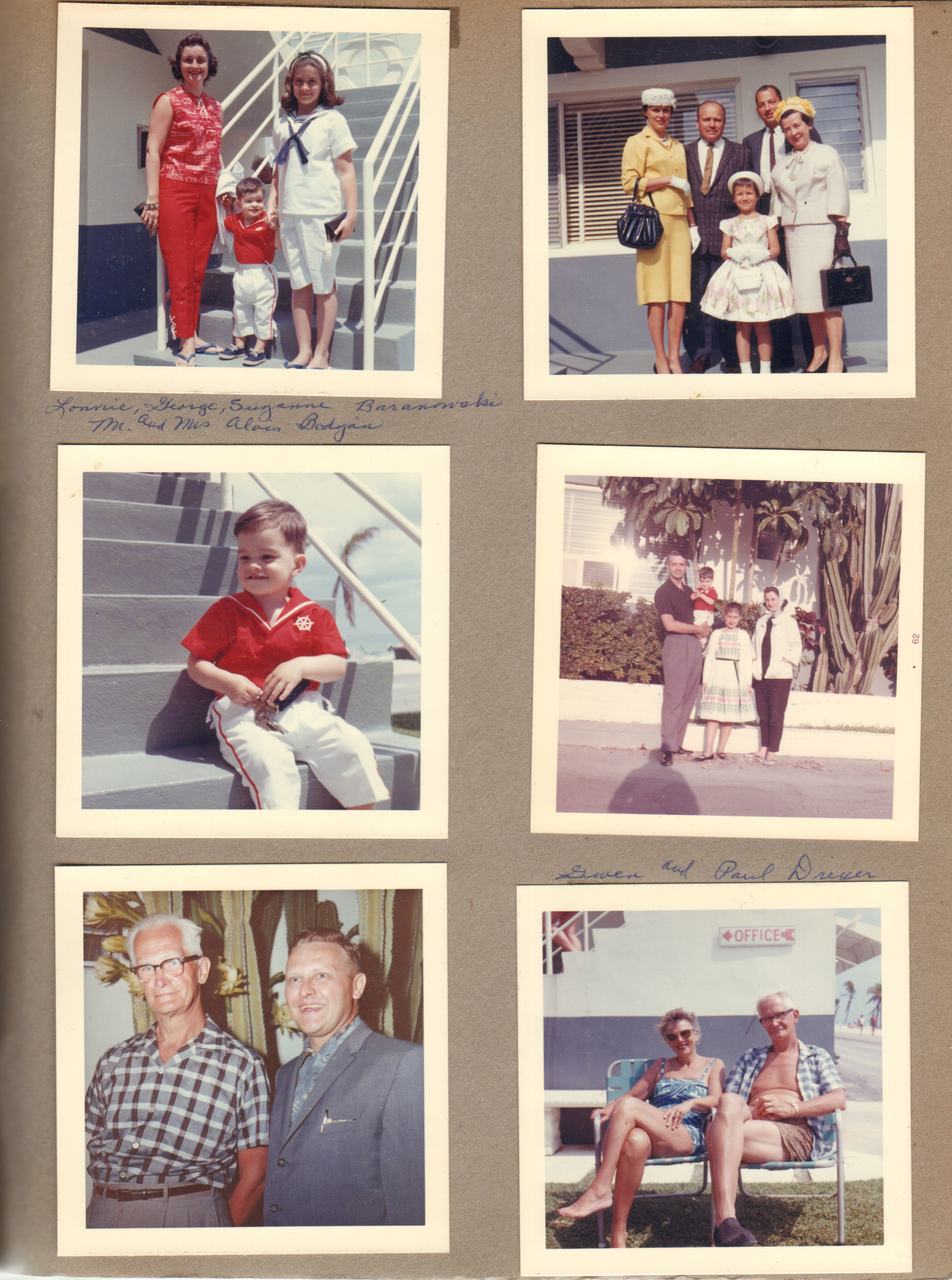 Hollywood Beach Neptune Apartments - Rosemary, Alan and Susan on Neptune steps. Lonnie, George, Suzanne Baranowski,  Mr and Mrs Alois Bodgan. John, Alan, Susan and Rosemary on Surf Road. Gwen and Paul Dreyer.