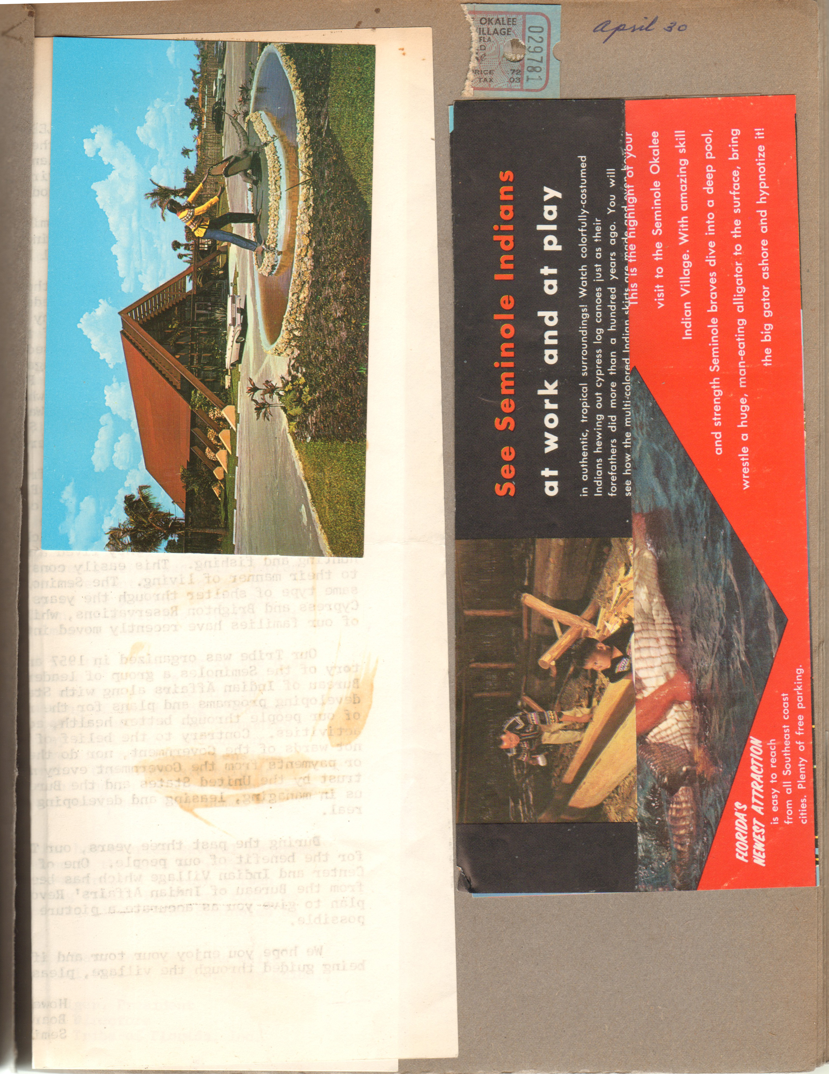 Postcard - Seminole Okalee Indian Village, Hollywood, Florida. Seminole Indian Village brochure. Ticket stub.