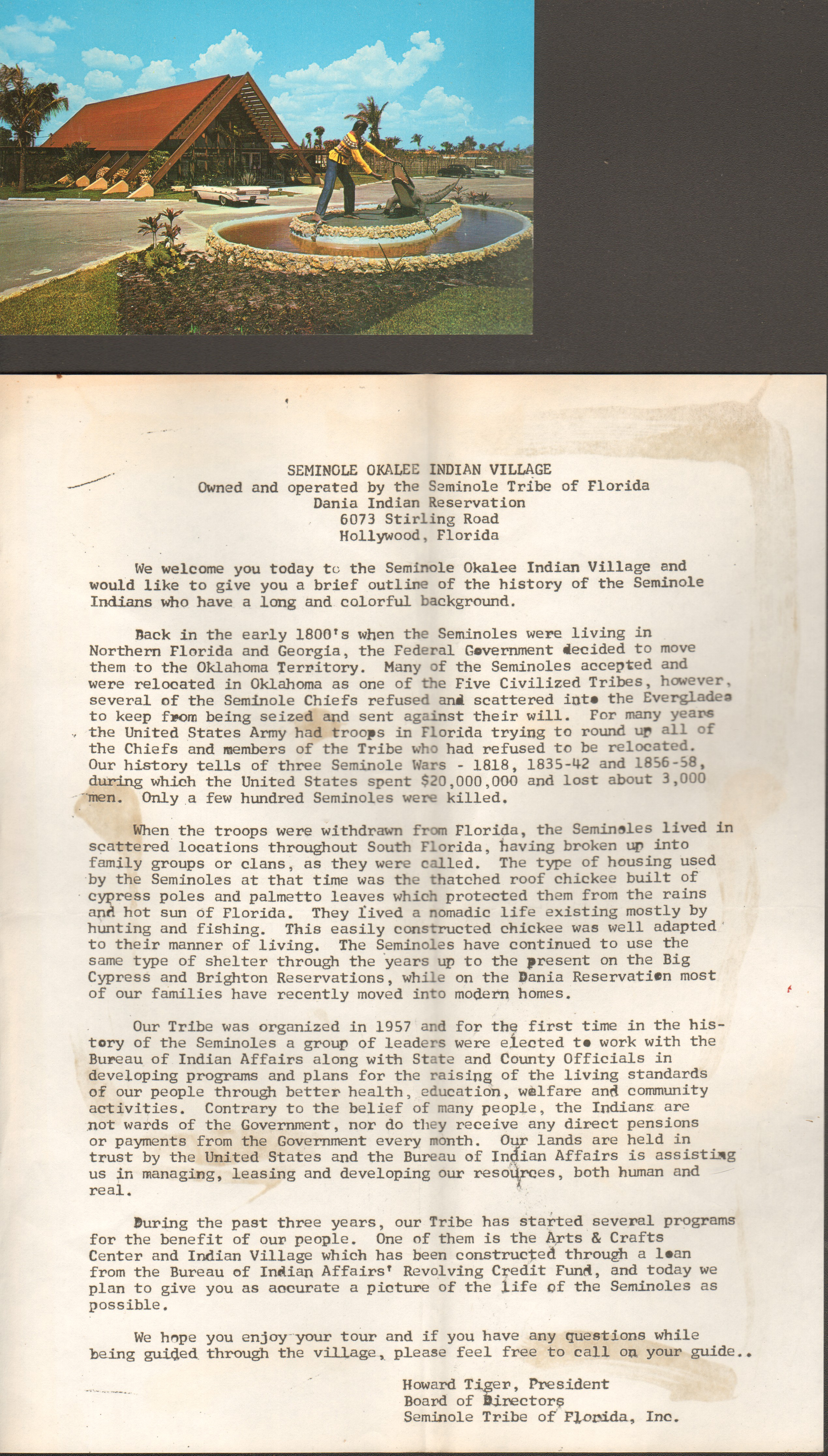 Postcard P41212 - Seminole Okalee Indian Village. Welcome letter