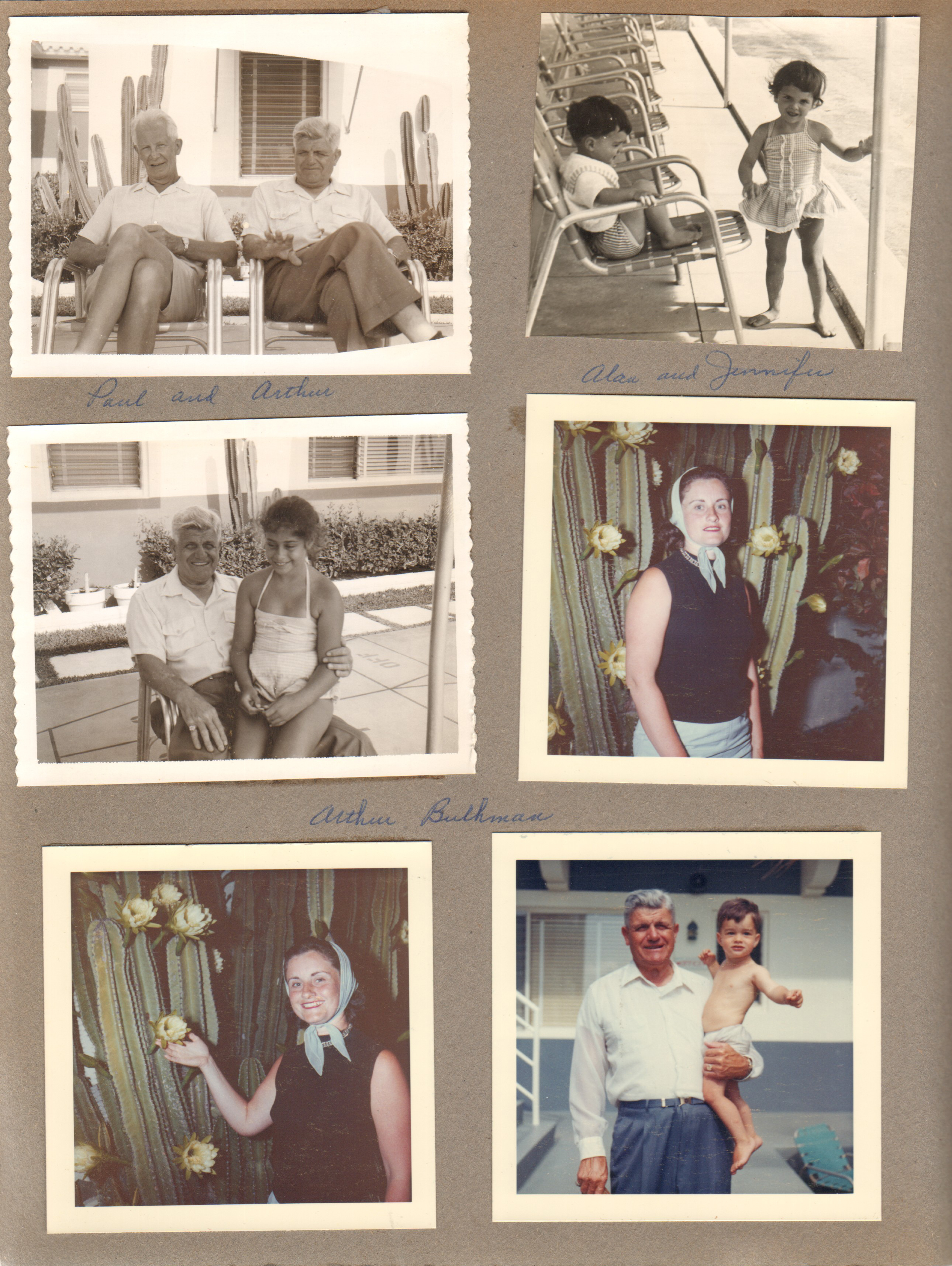 Hollywood Beach Neptune Apartments - Paul and Arthur. Alan and Jennifer in broadwalk chairs. Arthur Bulhman (Buhlmann?) and Susan. Rosemary with cactus blooms. Arthur and Alan.