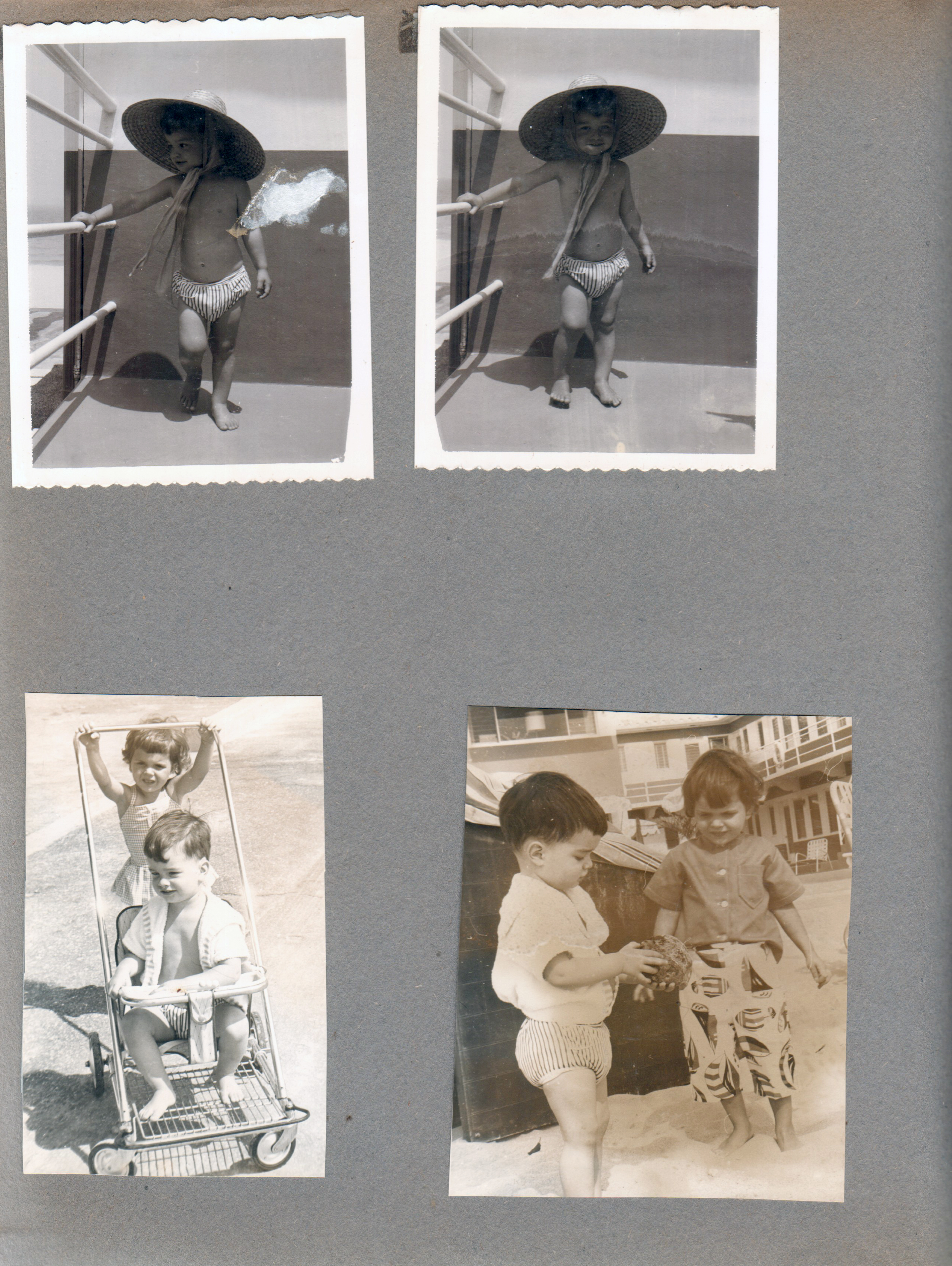Hollywood Beach Neptune Apartments - Alan with huge hat on 2nd floor of Neptune. Girl pushing Alan in stroller. Alan and girl on beach.