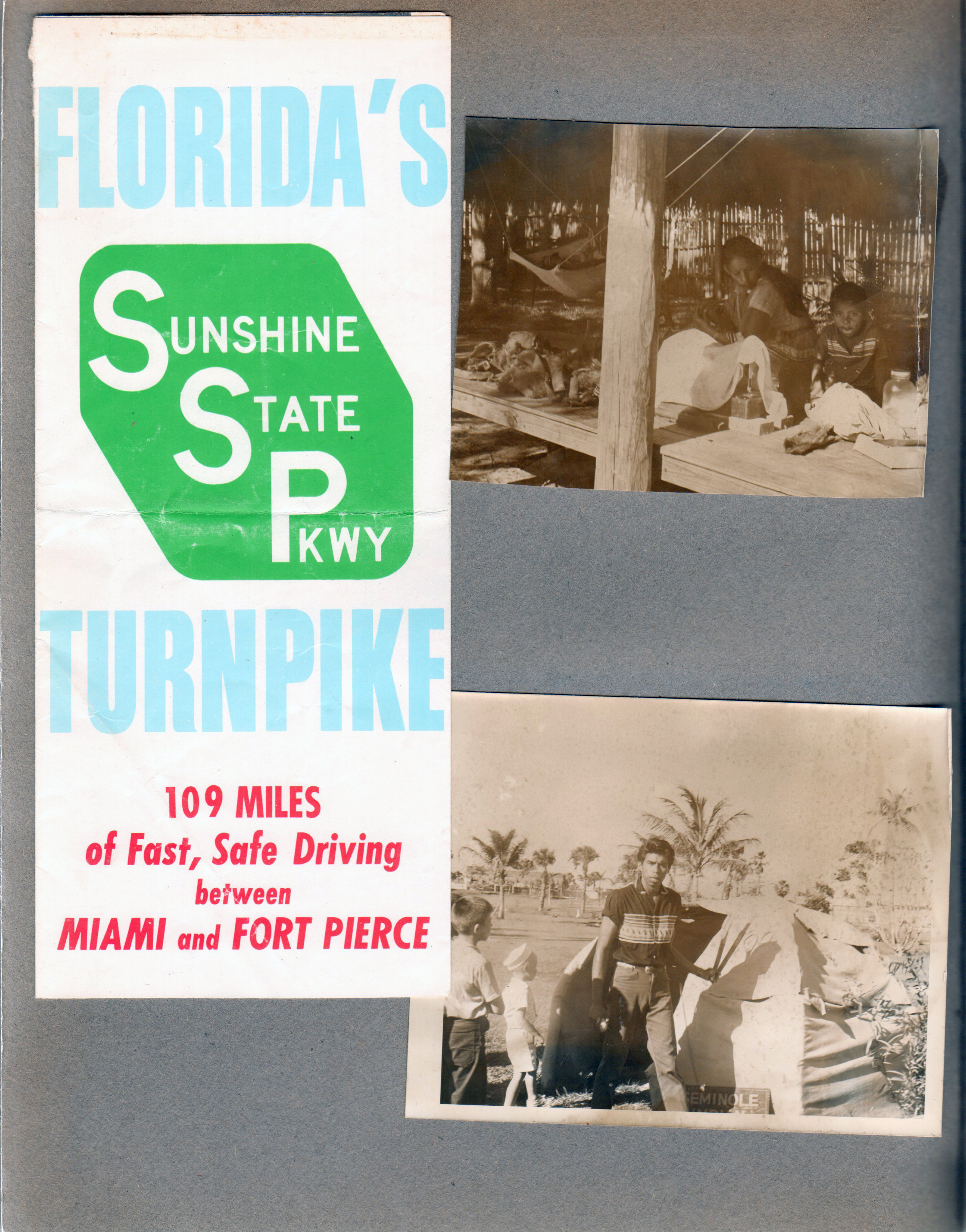 Florida's Sunshine State Pkwy Turnpike map. Seminole Indiana Village (?) people.