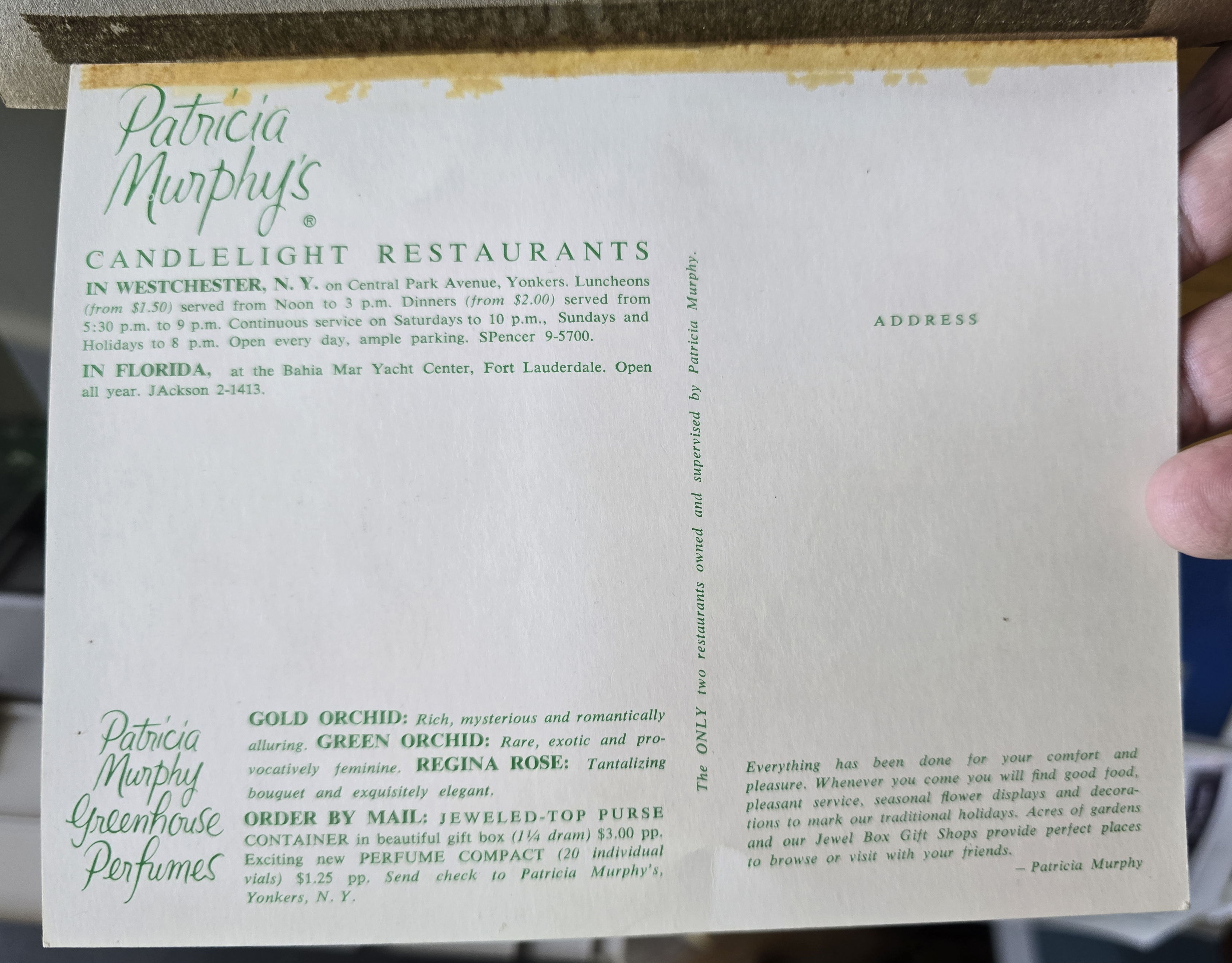Postcard back - Patricia Murphy's Candlelight Restaurants. 