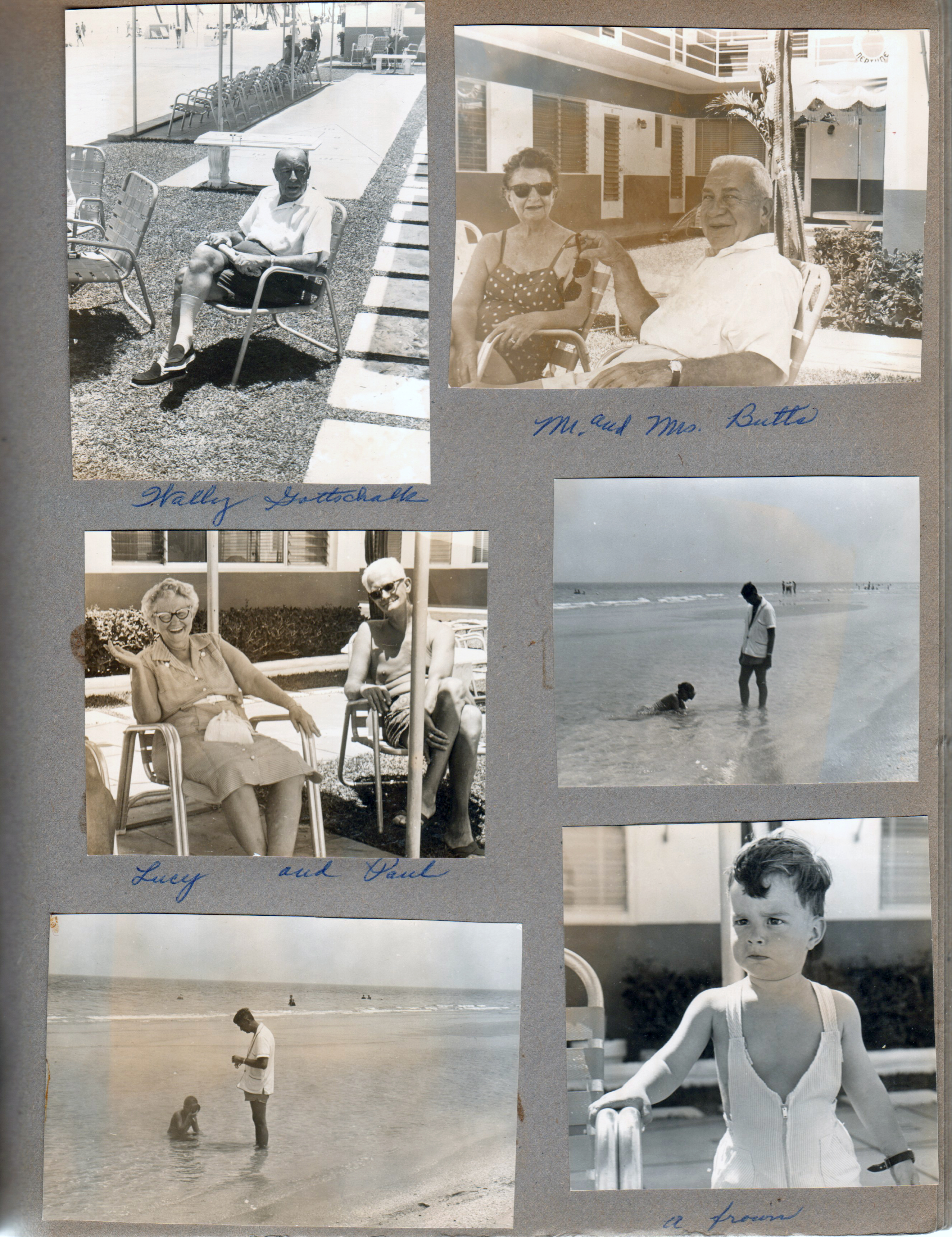 Hollywood Beach Neptune Apartments - Wally Gottschalk by shuffleboard. Mr and Mrs Butts in Neptune courtyard. Lucy and Paul. John and Susan in water. Alan making face.