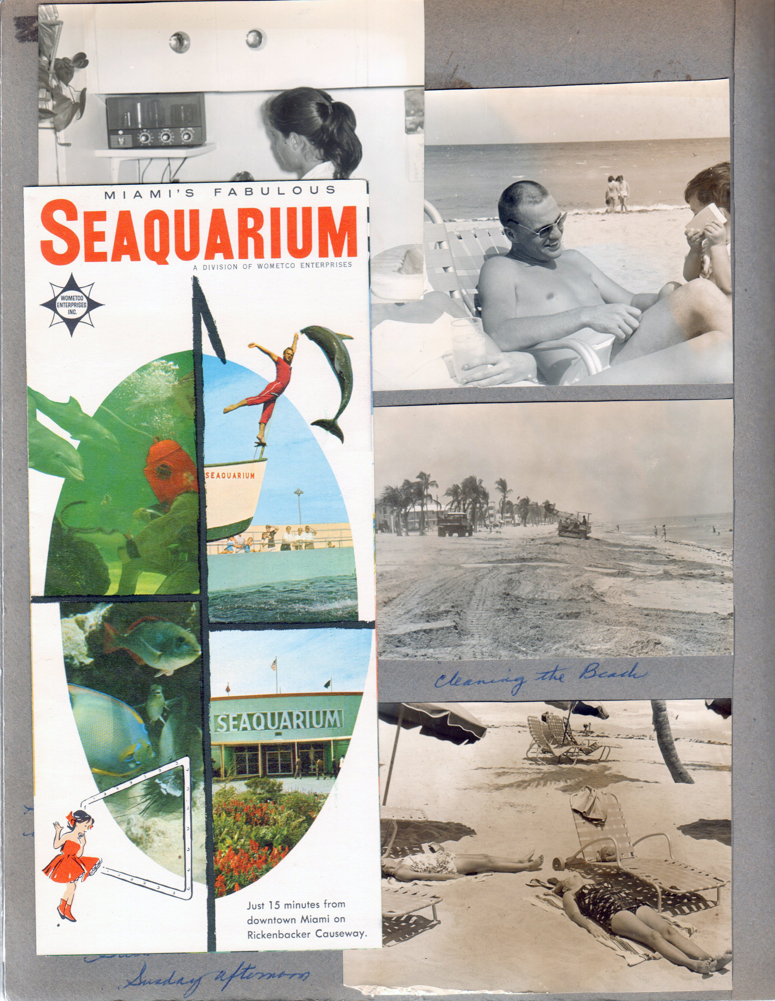 Hollywood Beach Neptune Apartments - Susan in Neptune office on PA system. Cleaning the beach. Miami Seaquarium brochure