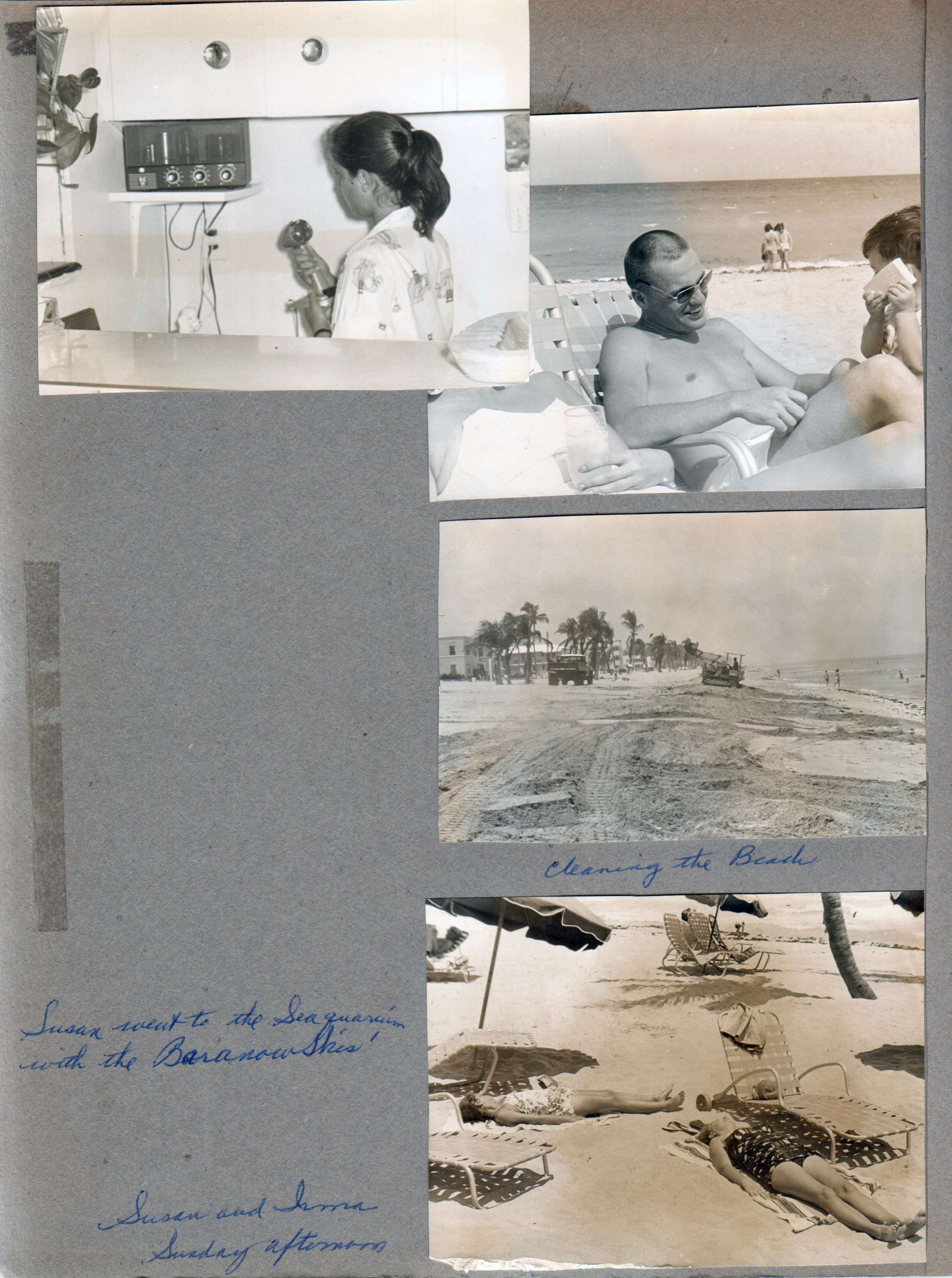 Hollywood Beach Neptune Apartments - Susan in Neptune office on PA system. Cleaning the beach. Susan went to Seaquarium with Baranowskis. Susan and Irma on beach.
