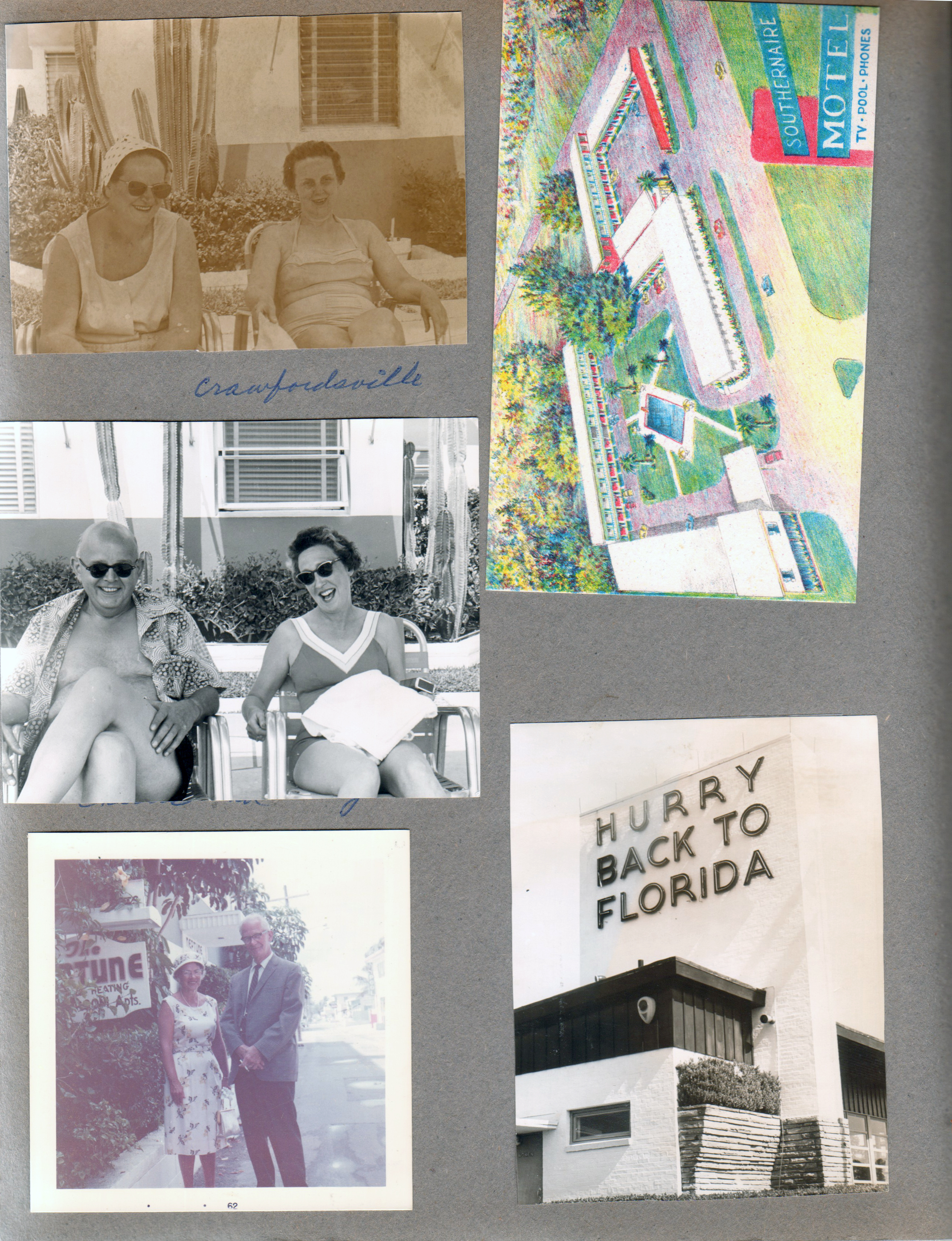 Hollywood Beach Neptune Apartments - People in chairs. Crawfordsville. Couple on Surf Road by Neptune sign. Postcard - Southernaire Motel - Tallahassee, FL. Hurry Back To Florida sign on welcome center.
