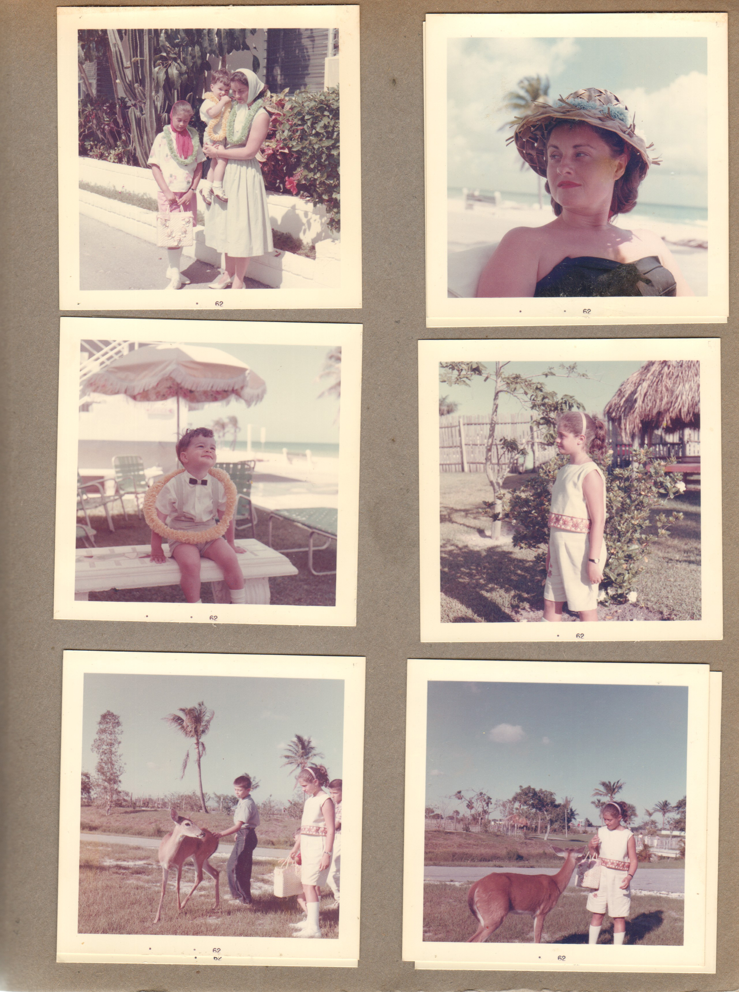 Hollywood Beach Neptune Apartments - Susan, Alan and Rosemary on Surf Road. Rosemary in palm hat. Alan with lei. Susan with deer.