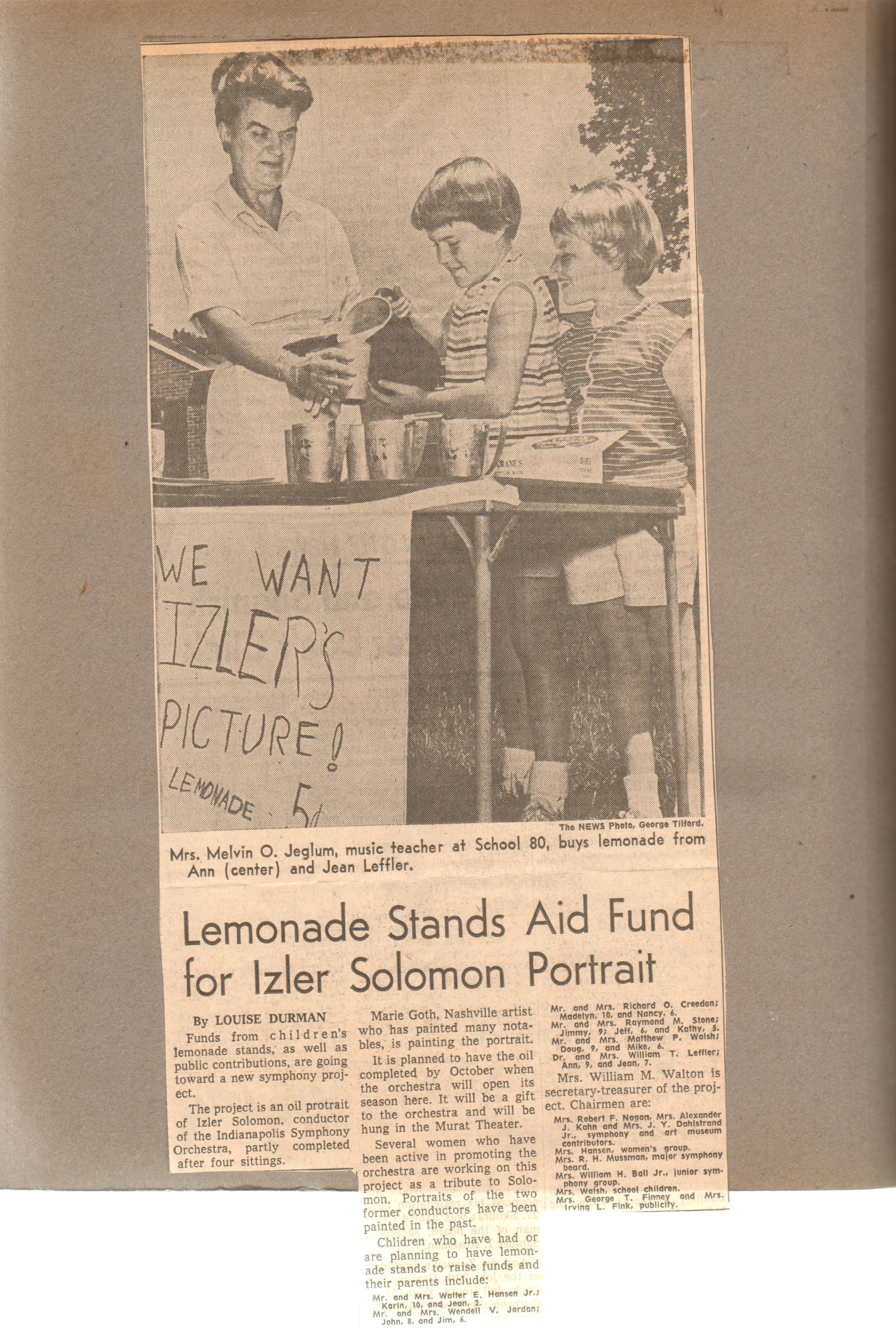 newspaper clipping - lemonade stand School 80 Mrs Melvin Jeglum, music teacher. with Leffler kids.