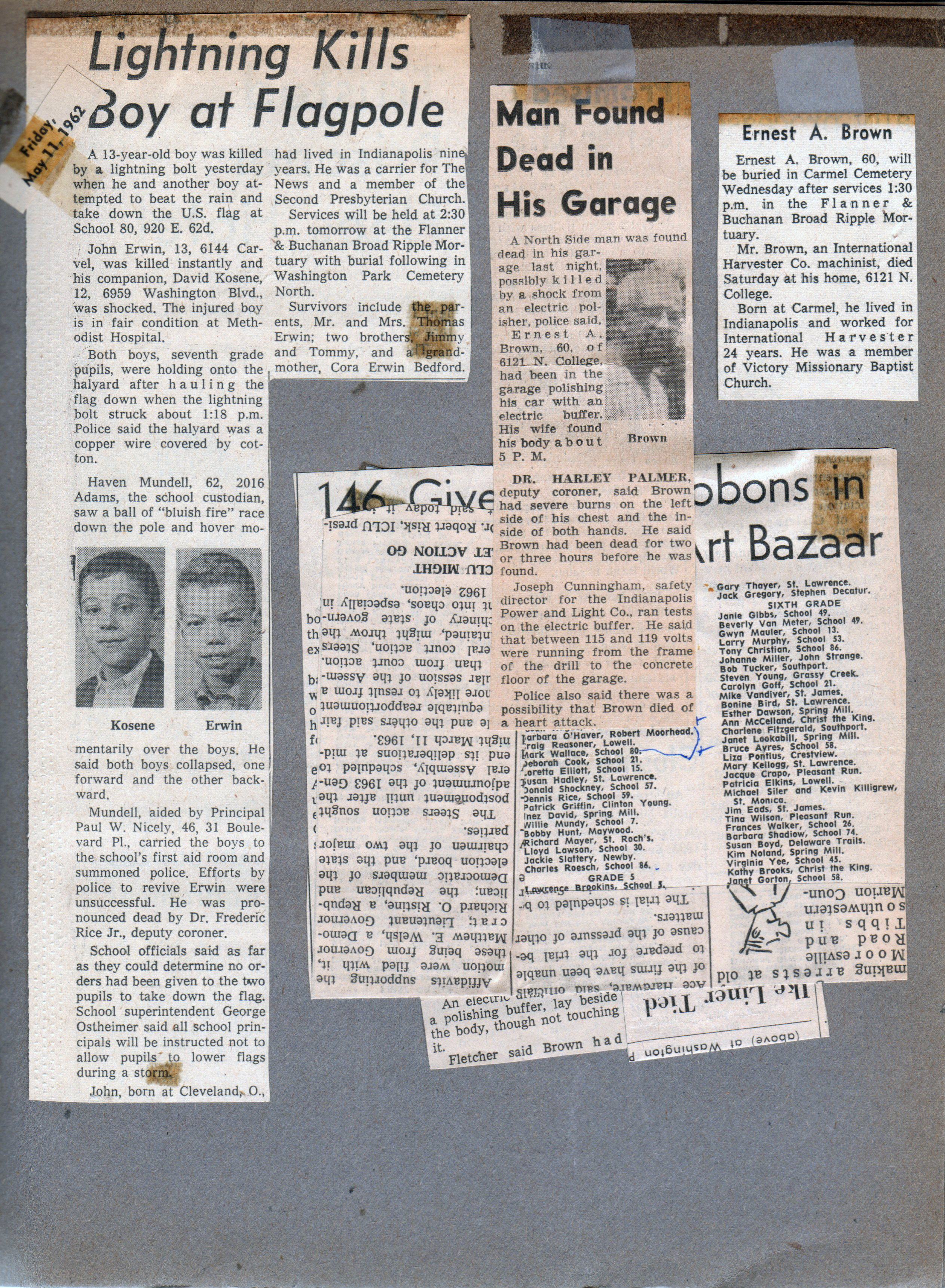 newspaper clippings - David Kosene and John Erwin - lightning kills boy at School 80 flagpole. 146 given blue ribbons in Block's Children;s Art Bazaar (Susan Hague)