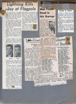 newspaper clippings - David Kosene and John Erwin - lightning kills boy at School 80 flagpole. Ernest Broad (across alley) found dead in garage.