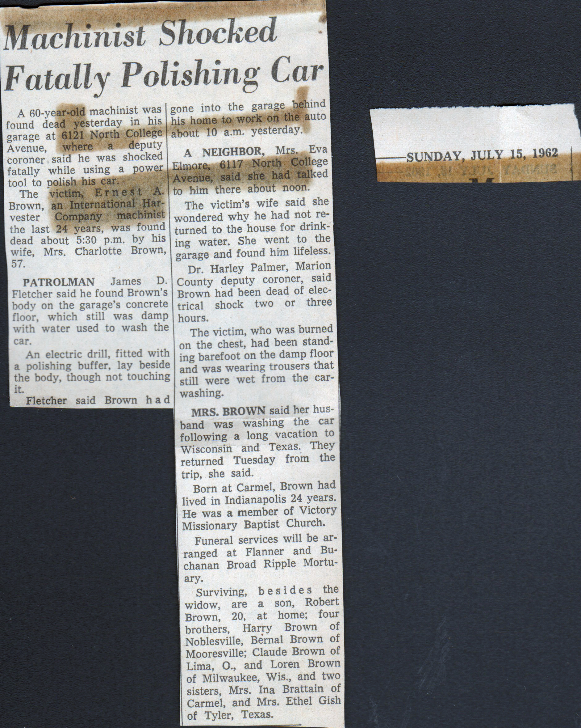 newspaper clipping - machinist shocked fatally polishing car 6121 College Ave