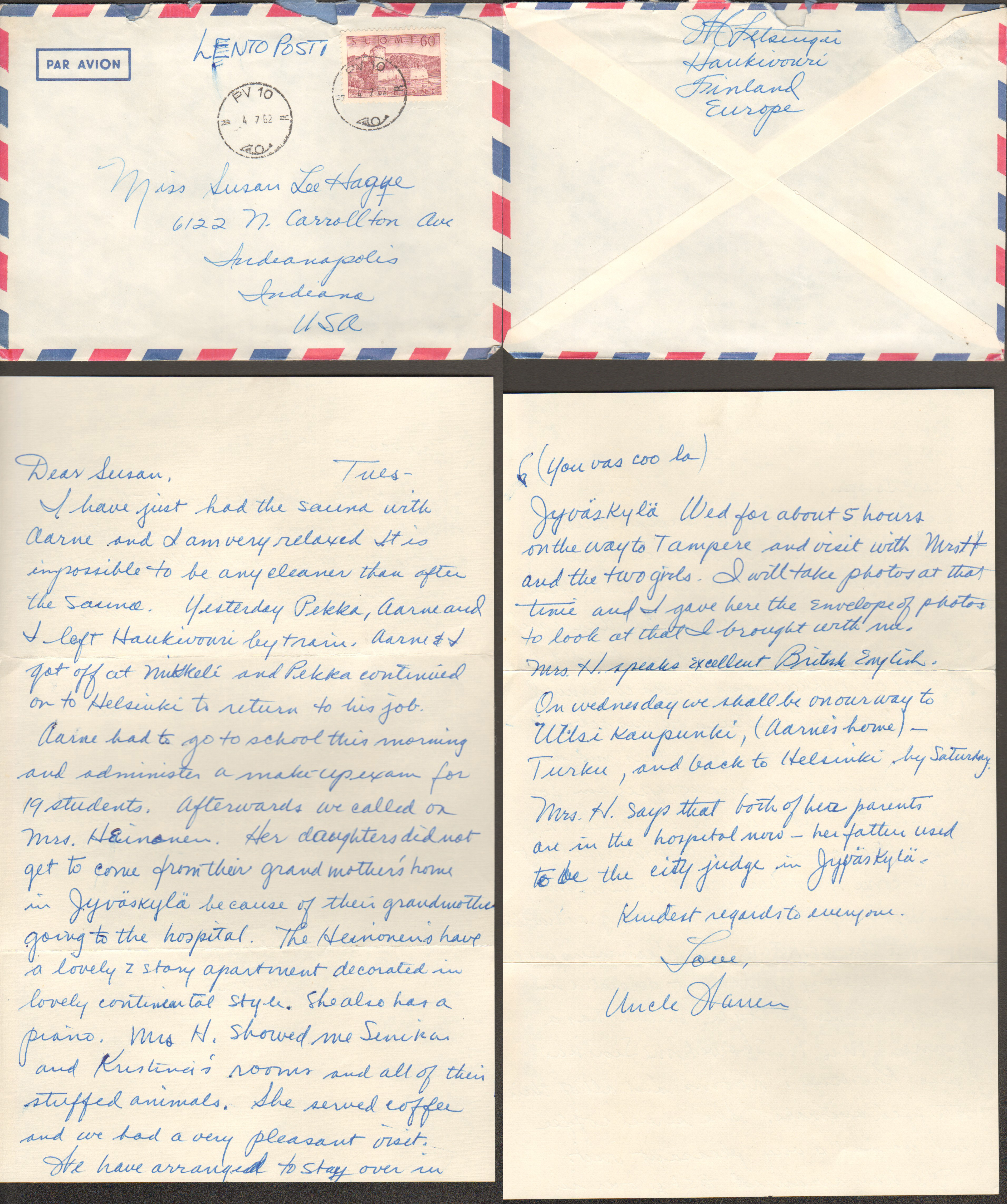 2nd Letter from Warren to Susan about visiting The Salminens in Finland.