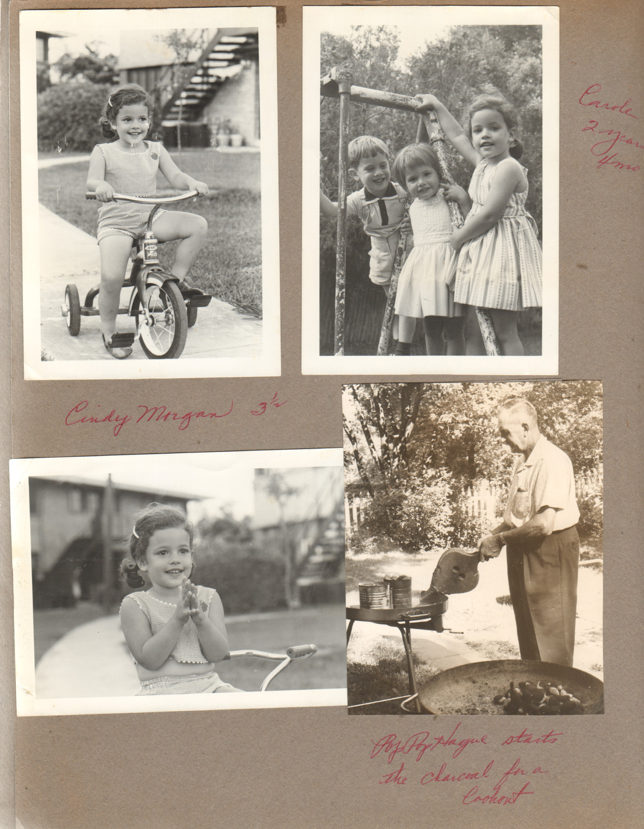 Cindy Morgan 3 1/2. Carole 2 years 4 mos. Pop Pop Hague (Girstle) starts the charcoal for a cookout.