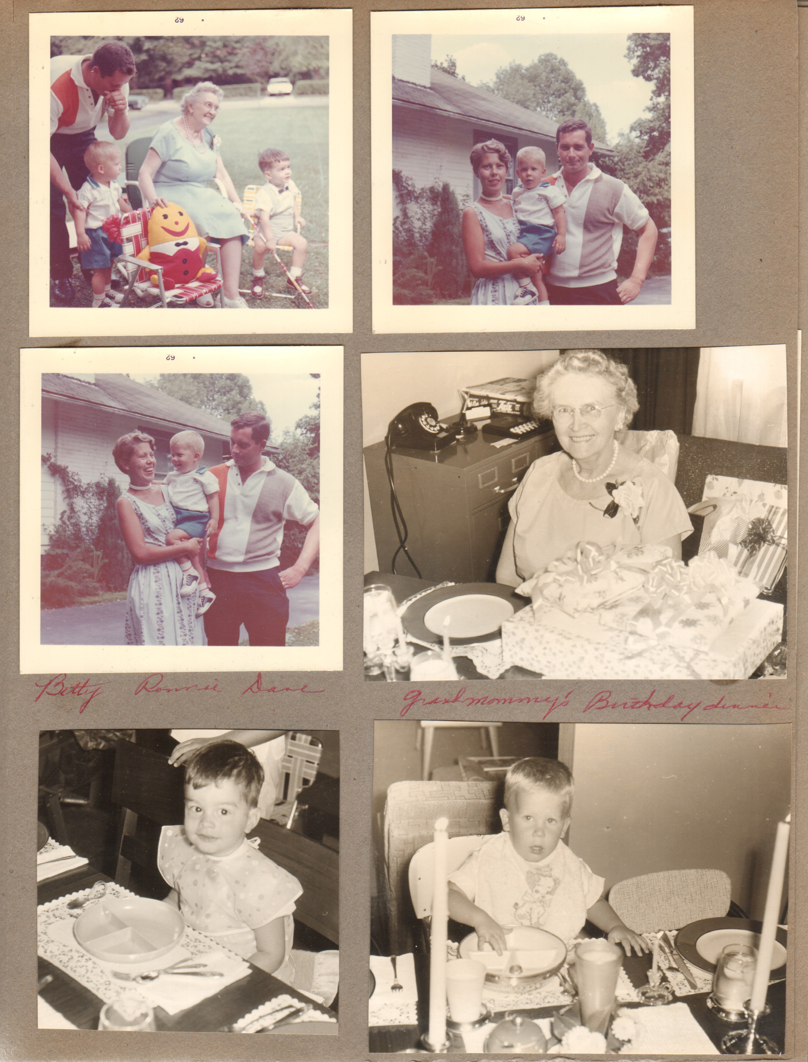 6122 yard - Dave, Ronnie, Vonnie, Alan. Betty, Ronnie and Dave Letsinger. Vonnie's birthday dinner 6122 dining room. Alan and Ronnie at table.