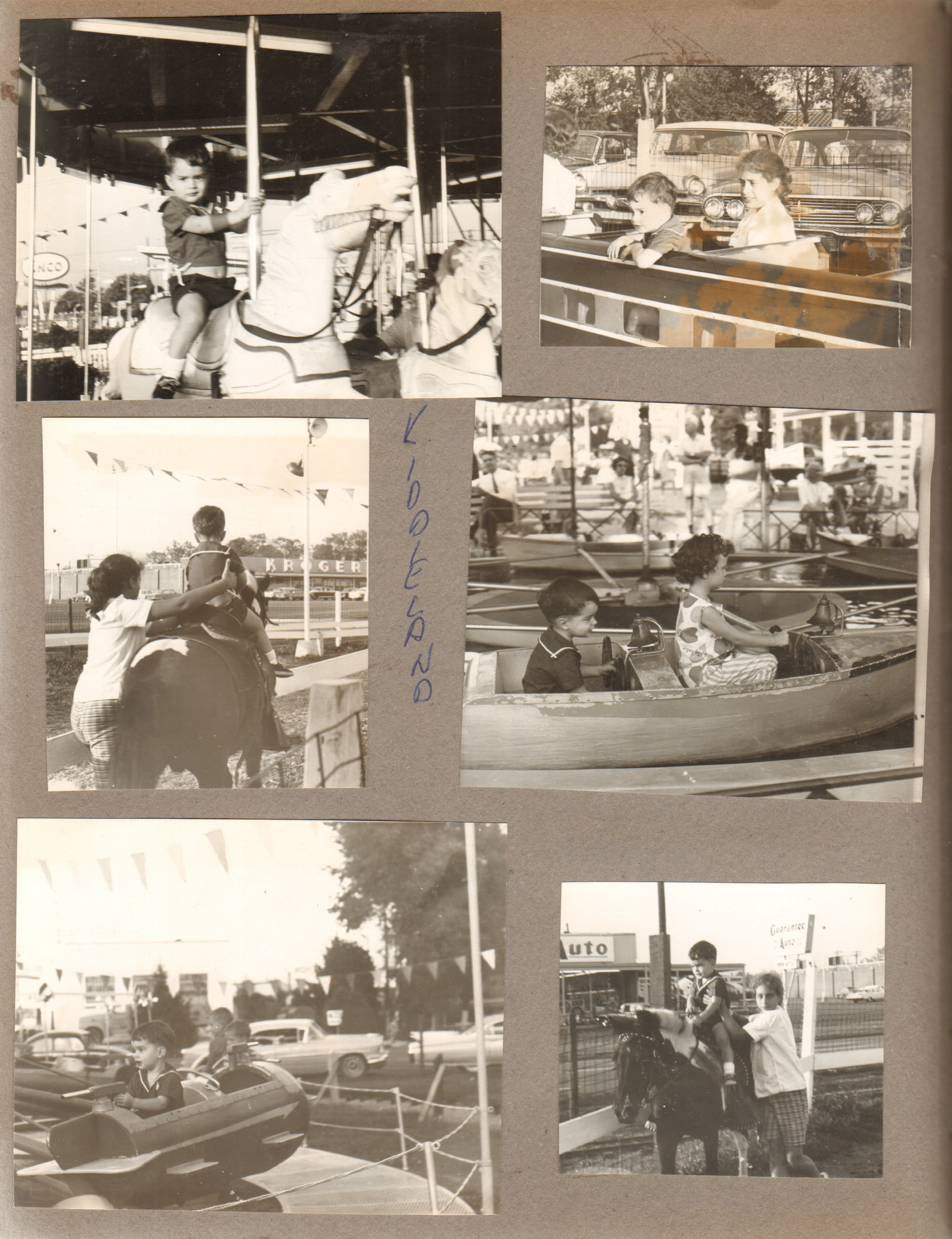 Little America Kiddieland - Alan on Merry go Round (Enco sign). Alan and Susan riding train. Riding pony (Kroger sign) Alan in boat and rocket. Pony Ride (Guarantee Auto sign)