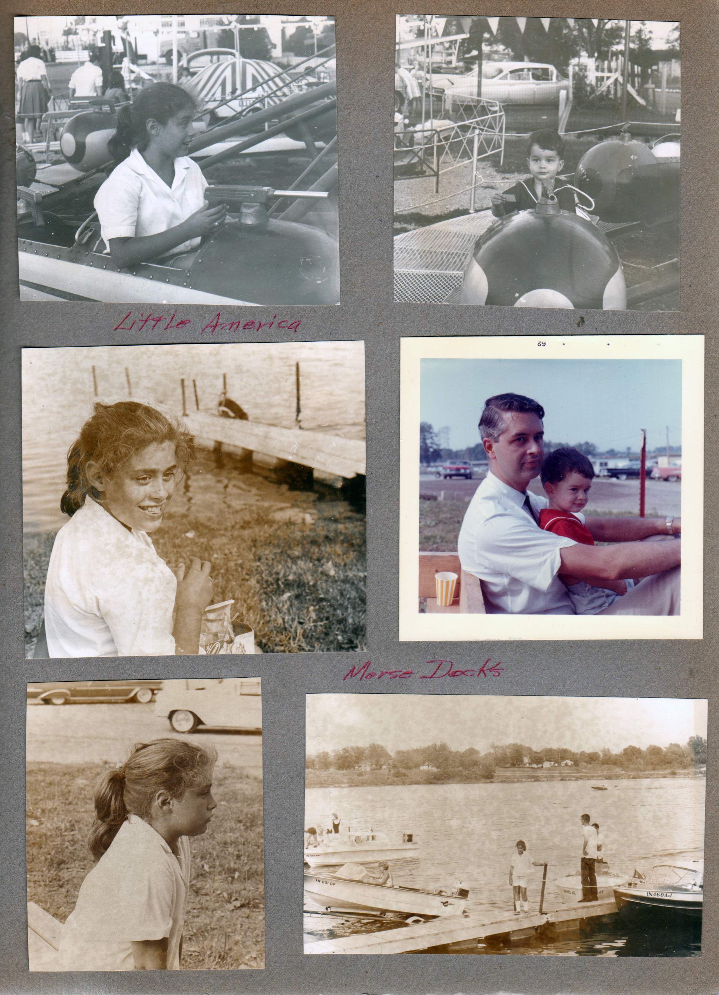 Little America - Susan in rocket. Alan in rocket.  Morse Reservoir - Susan. John and Alan. Boat docks.