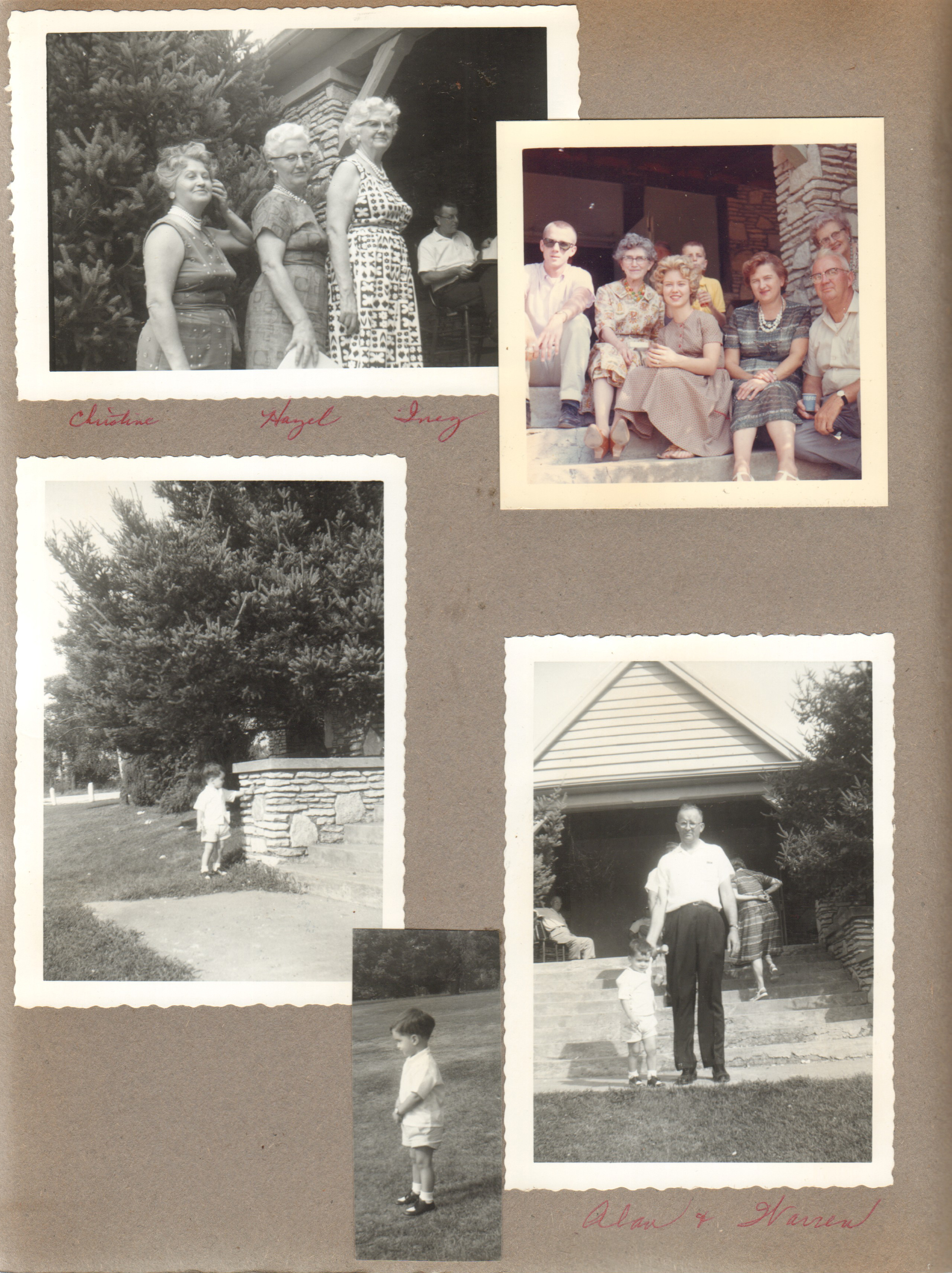 Draper Reunion in Bedford - Christine, Hazel, Inez. (I think Becky Waldron in brown dress, mother Dorothy Cole to right, grandmother Louise Cole to left. Alan. Warren.