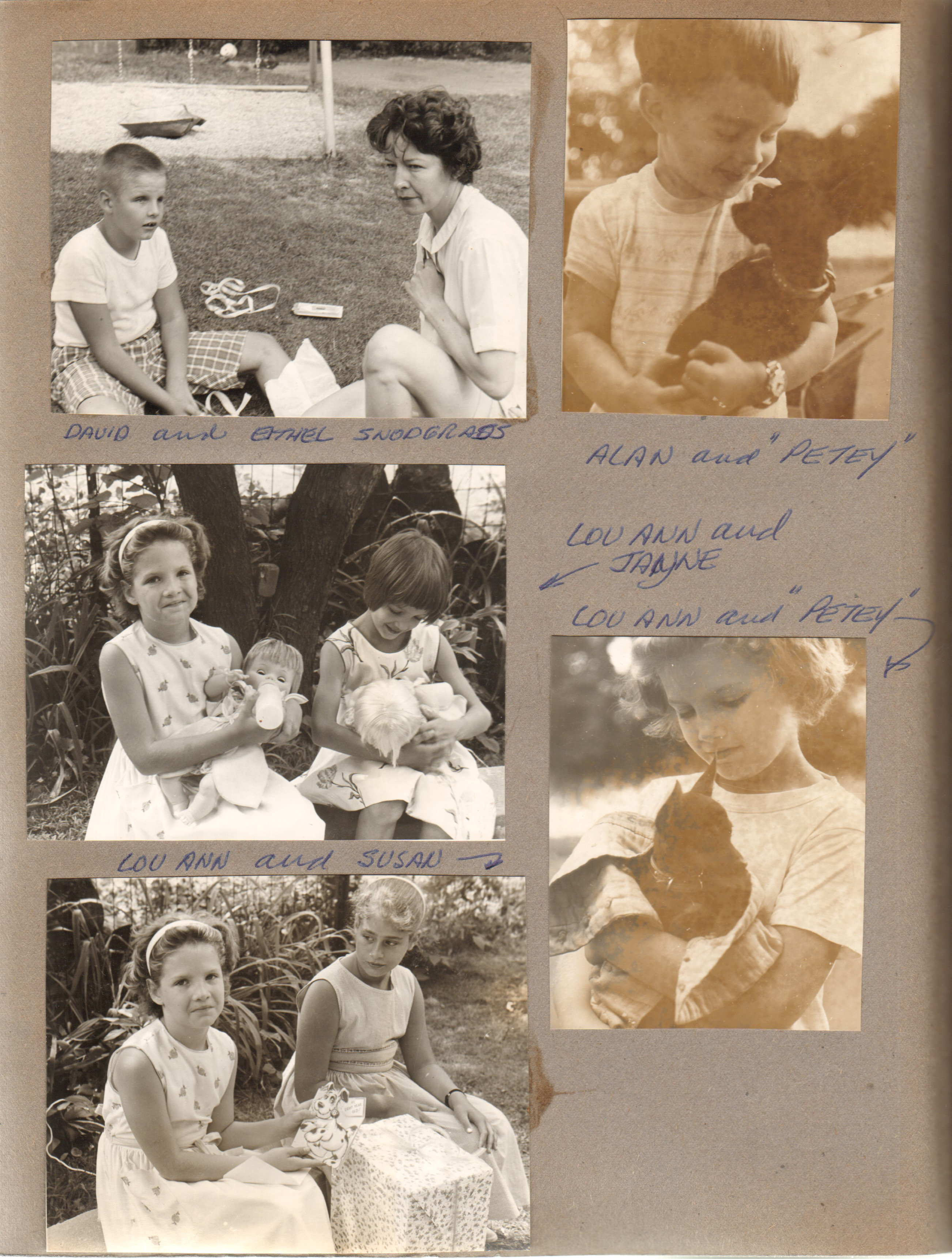 David and Ethel Snodgrass (neighbors to the south). Alan and Petey and dog. Lou Ann and Janye Snodgrass. Lou Ann and Susan. Lou Ann and Petey.
