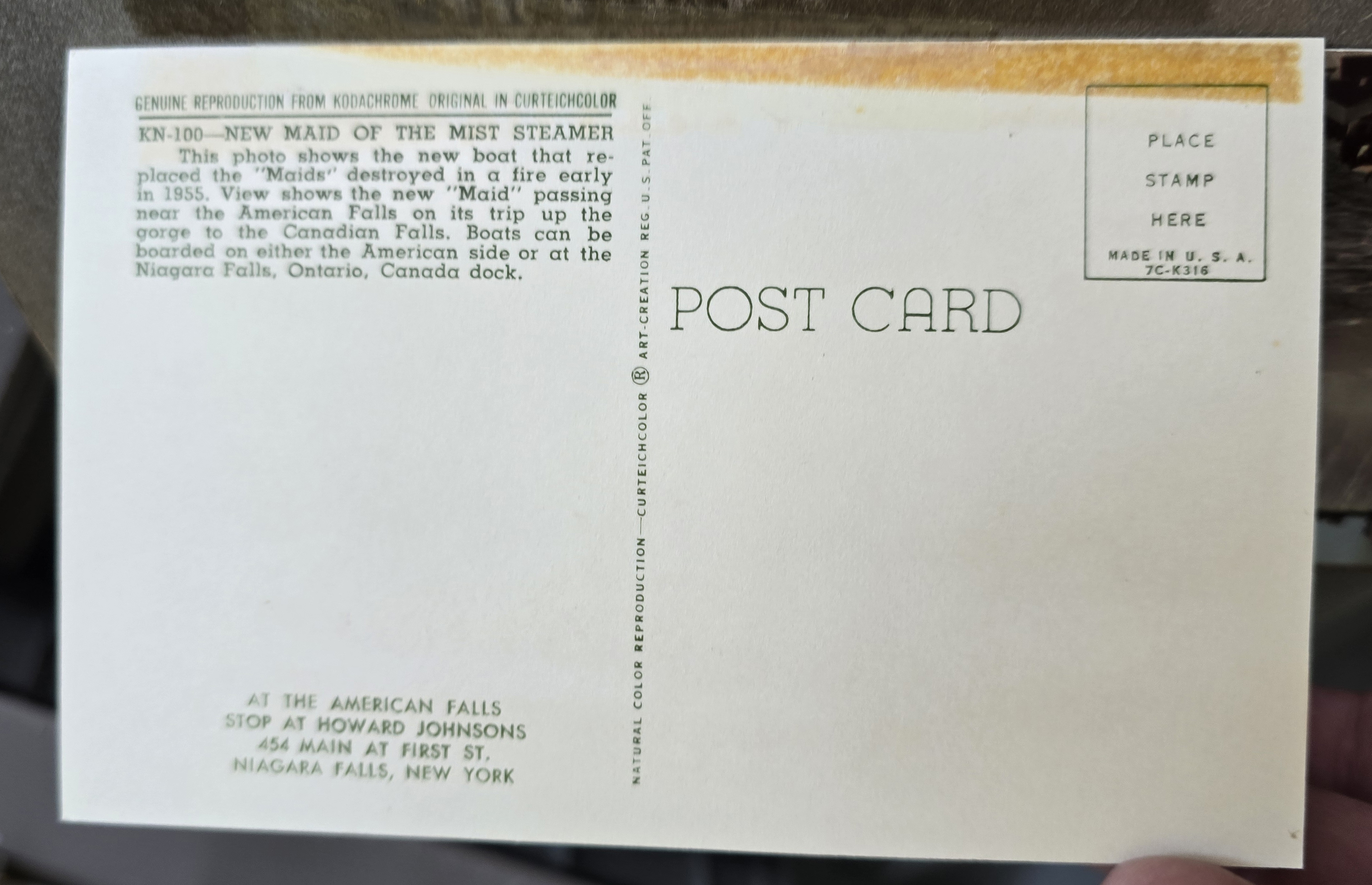 Niagra Falls - postcard back - KN-100 7C-K316 New Maid of the Mist Steamer