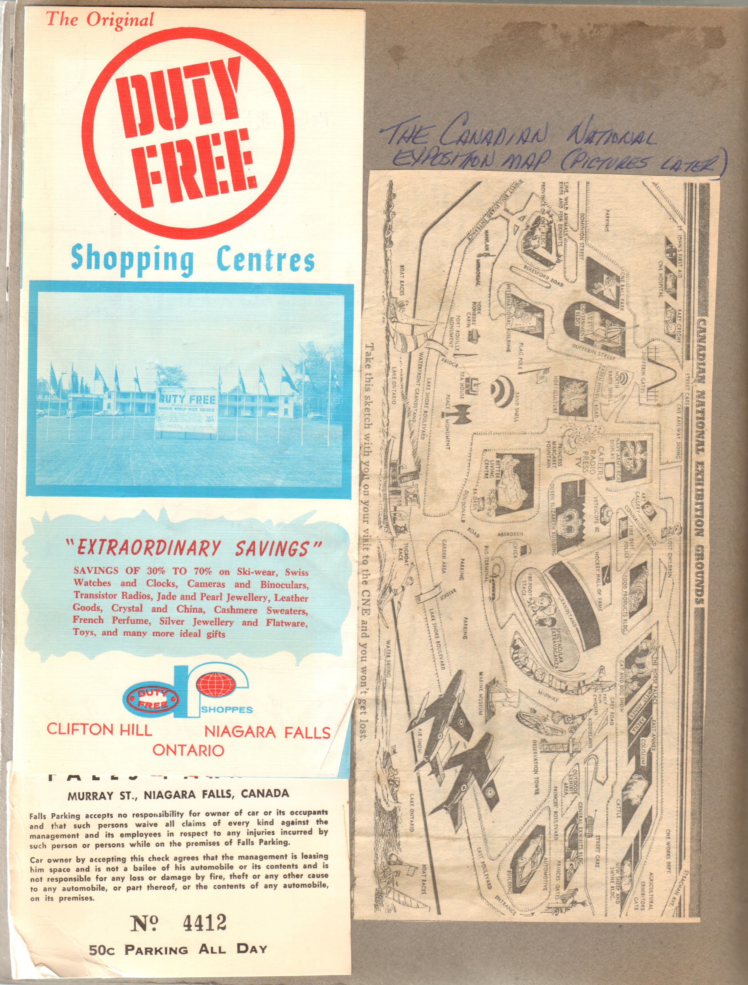 Niagra Falls Duty Free Shopping Center brochure. Parking pass. Canadian National Expo Map.