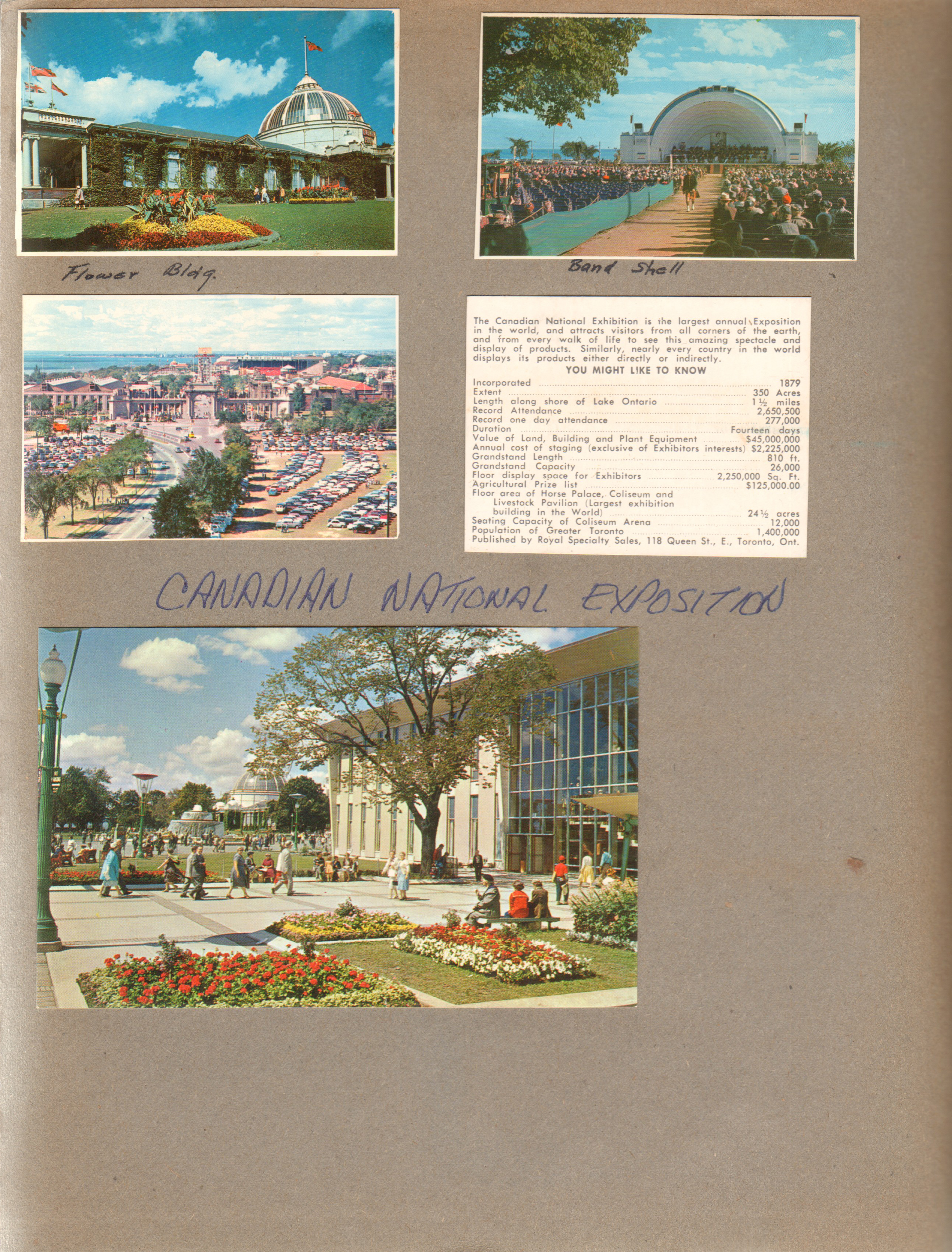 Canadian National Exhibition - tiny cards - flower building, Band shell. postcard.