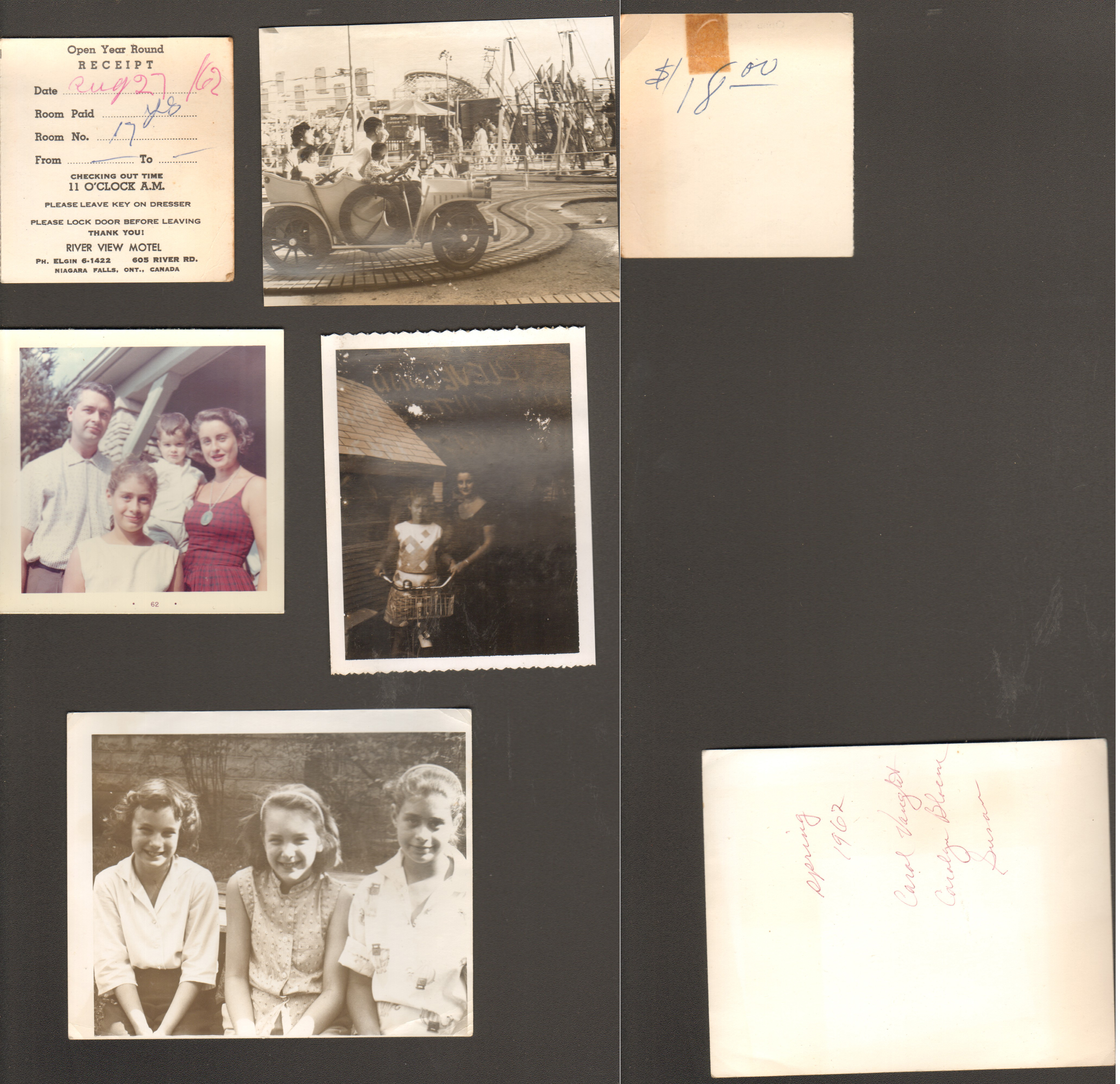 loose items - River view Motel receipt. Maybe ride at Canadian Exhibition. John, Susan, Alan and Rosemary at Draper Reunion. Carol Vaught, Carolyn Bloom and Susan.