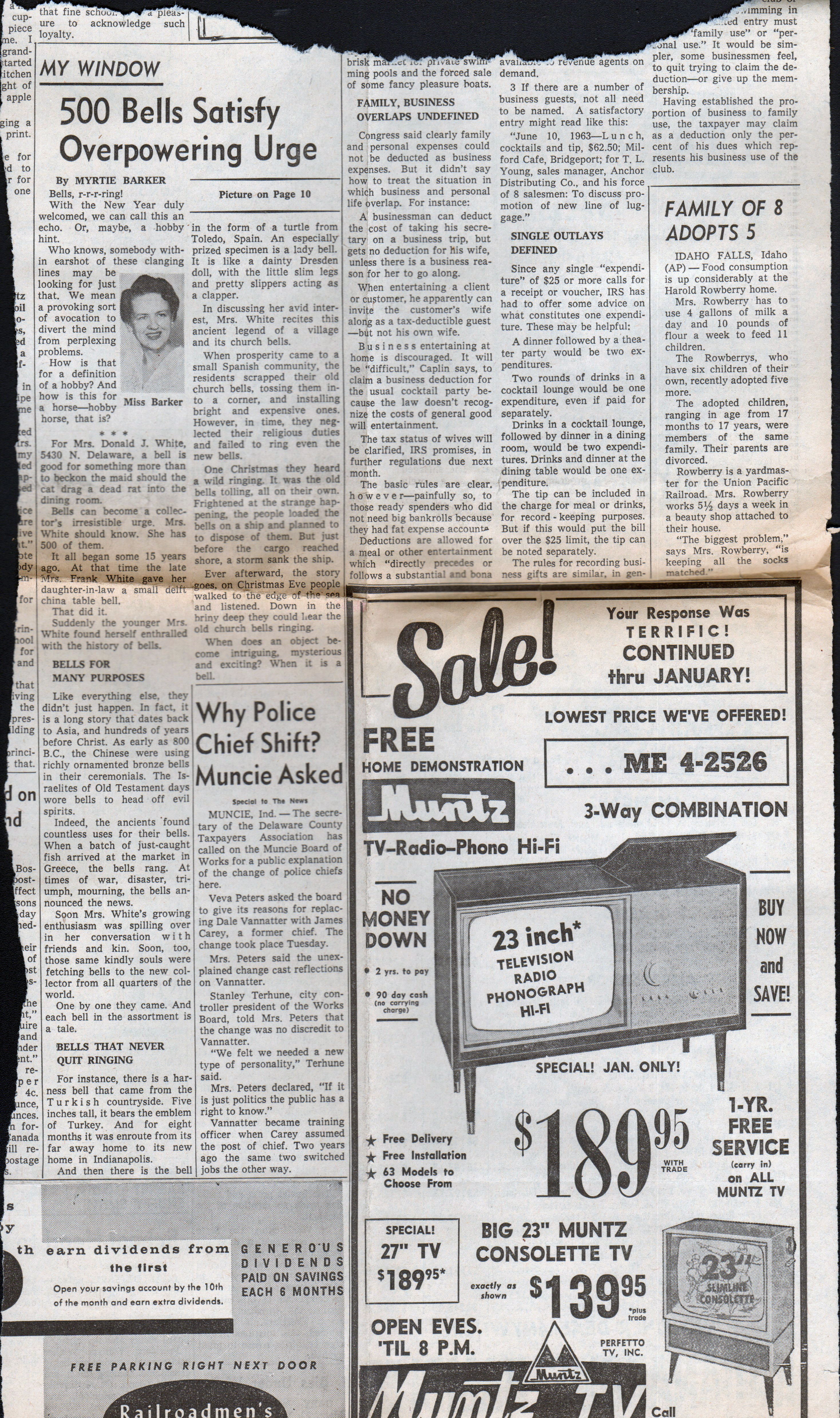 newspaper clipping - 500 bells collection - Mrs Donald White 