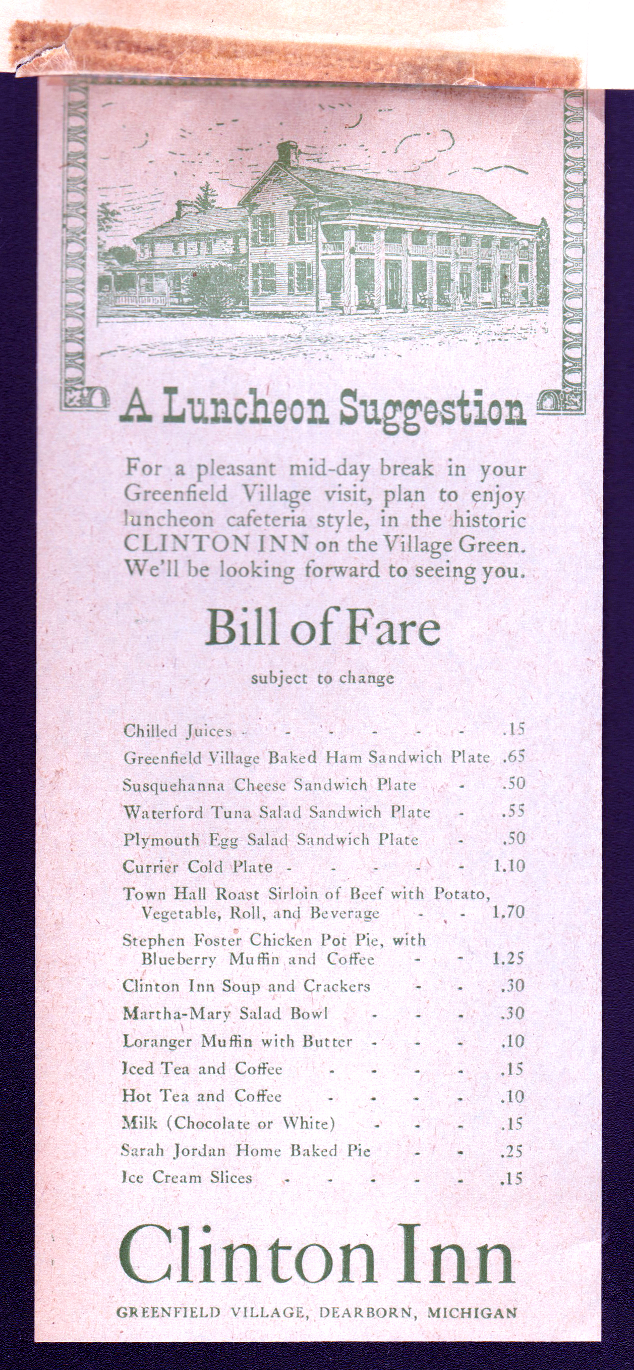 Greenfield Village - Detroit, MI - luncheon bill of fare Clinton Inn